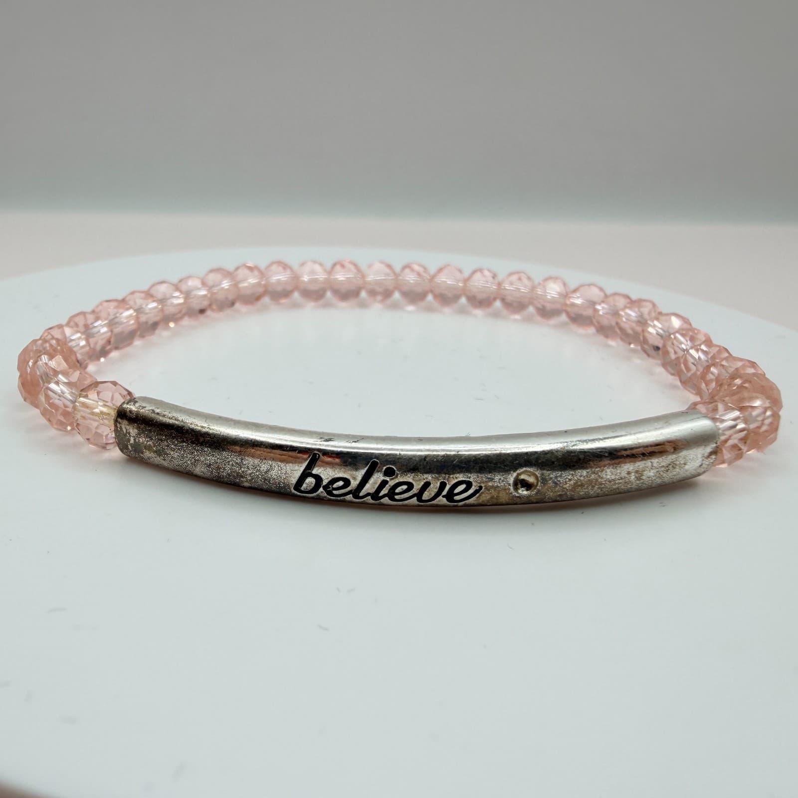 Vintage Y2K Believe Silver Tone Pink Beaded Stretch Bracelet Women's Jewelry - Thumbnail 4