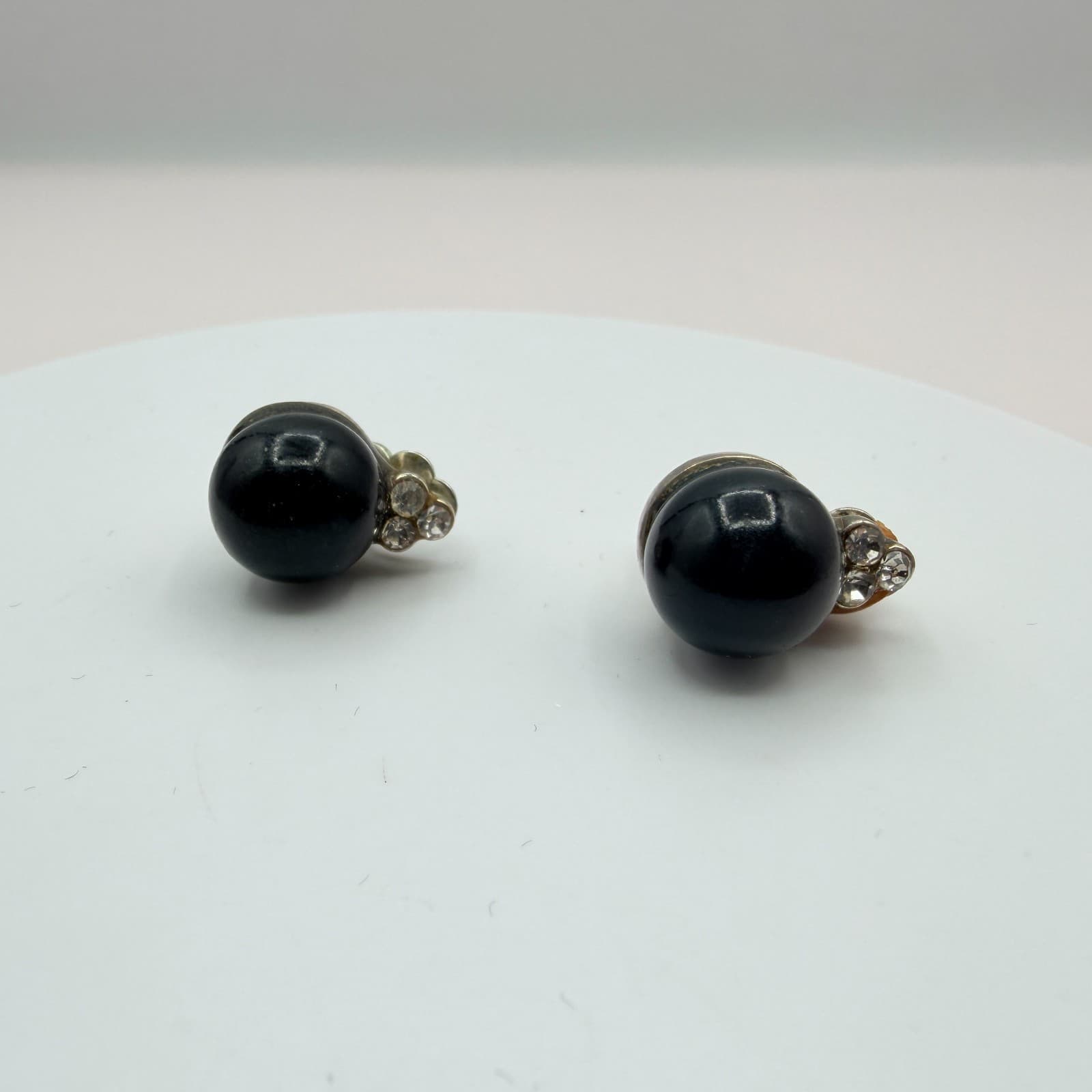 Vintage Y2K Silver Tone Black Orb Rhinestone Earrings Women's Classic Jewelry - Thumbnail 2