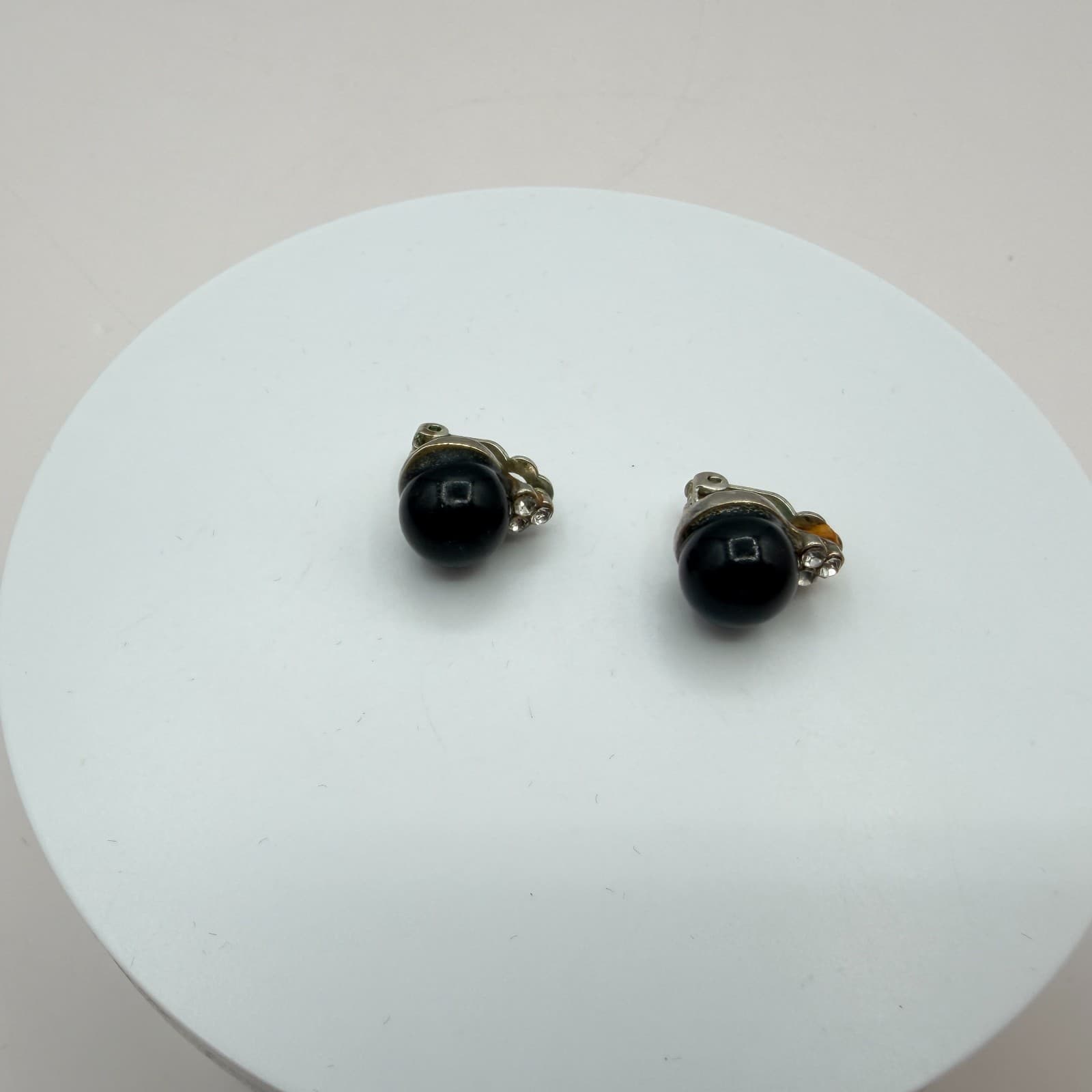 Vintage Y2K Silver Tone Black Orb Rhinestone Earrings Women's Classic Jewelry - Thumbnail 4