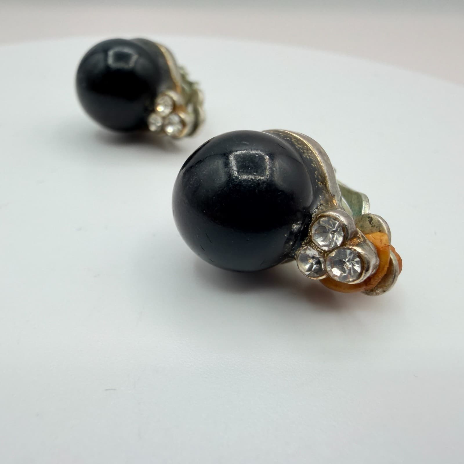 Vintage Y2K Silver Tone Black Orb Rhinestone Earrings Women's Classic Jewelry - Thumbnail 7