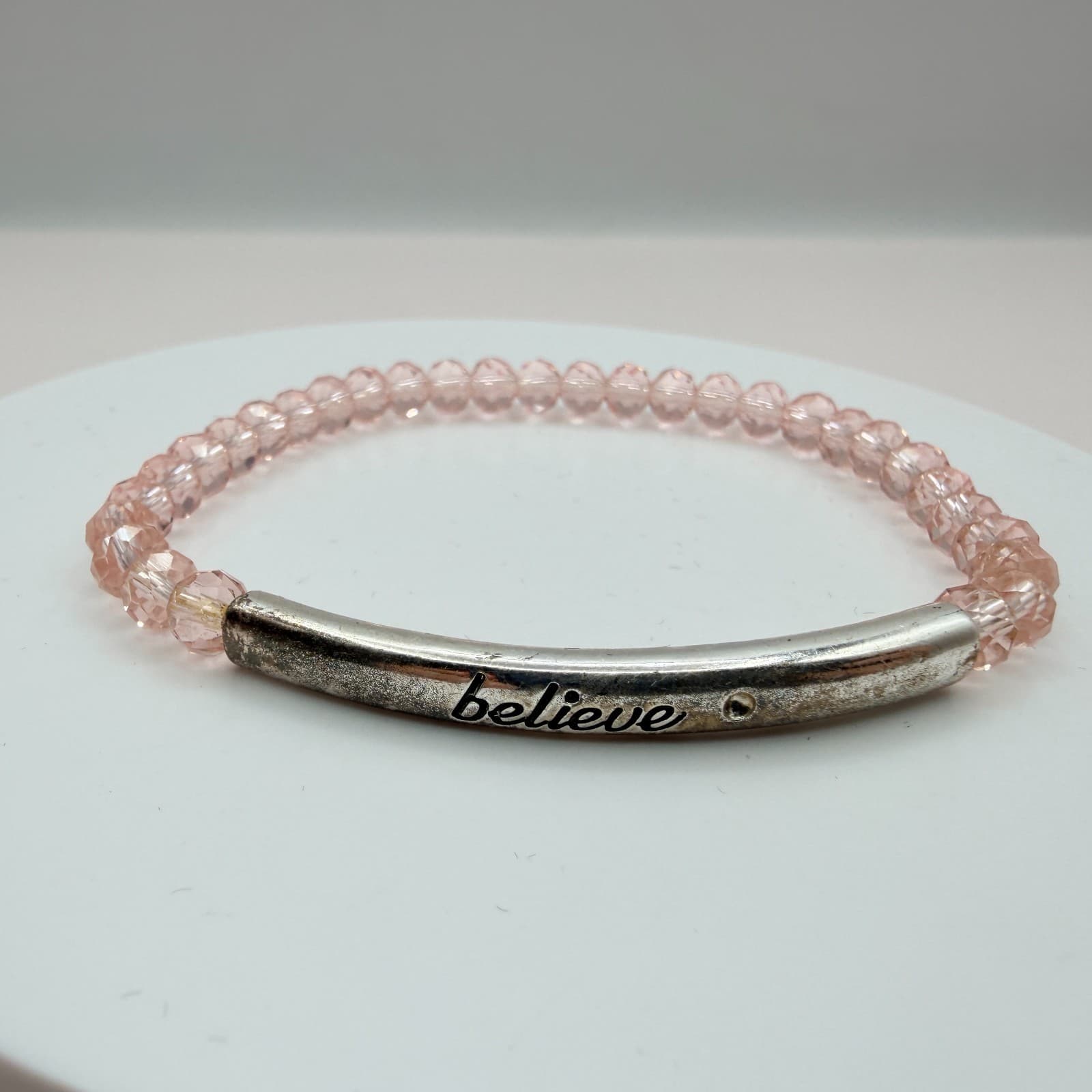 Vintage Y2K Believe Silver Tone Pink Beaded Stretch Bracelet Women's Jewelry - Thumbnail 3