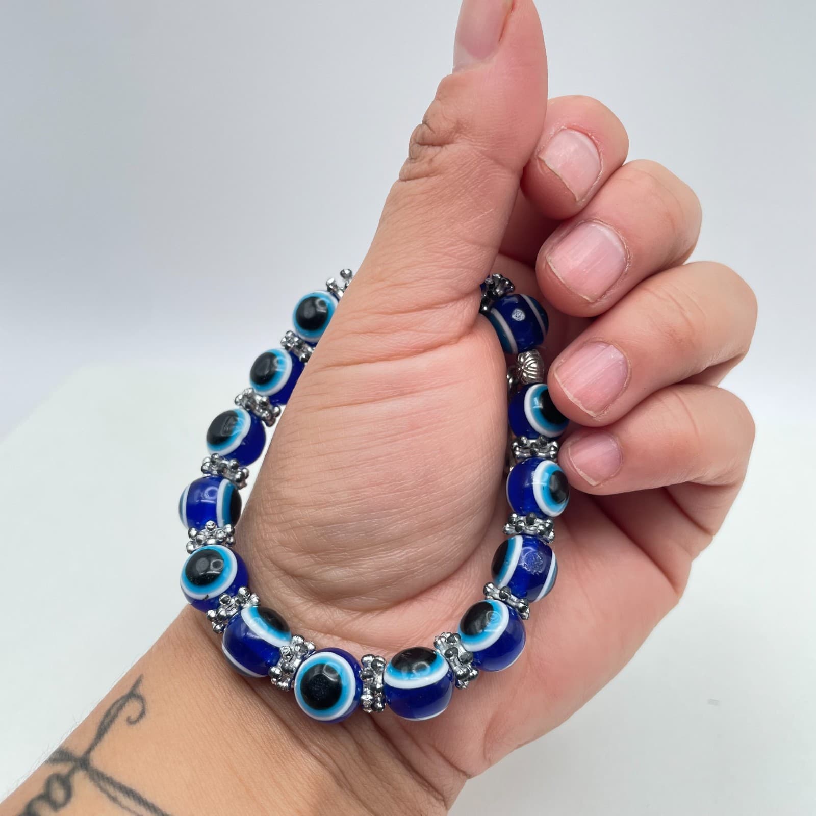 Vintage 90s Silver Tone Blue Evil Eye Beaded Hama Bracelet Women's Jewelry - Thumbnail 7