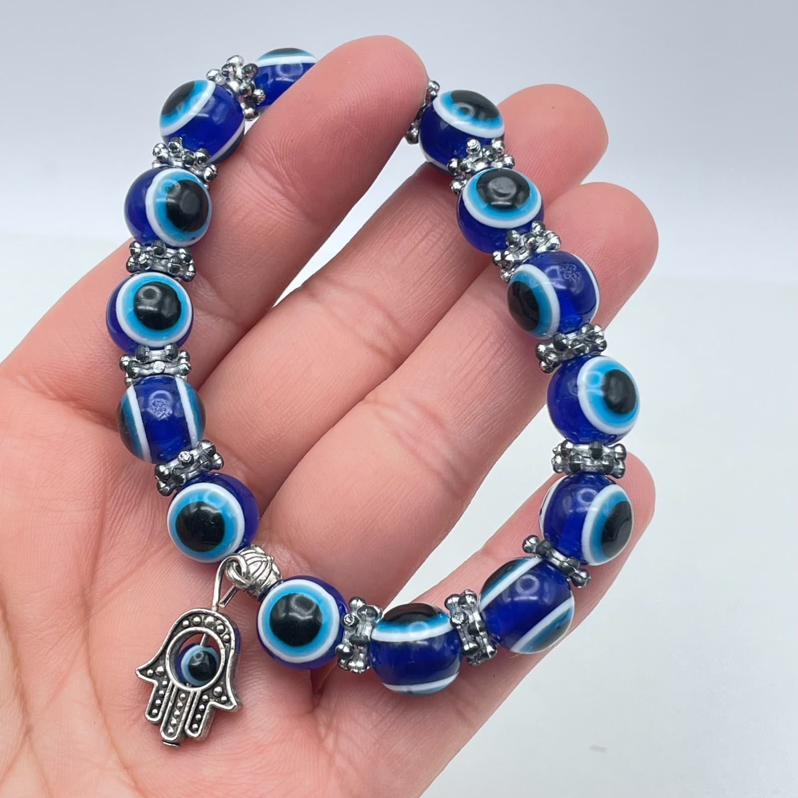 Vintage 90s Silver Tone Blue Evil Eye Beaded Hama Bracelet Women's Jewelry - Thumbnail 6