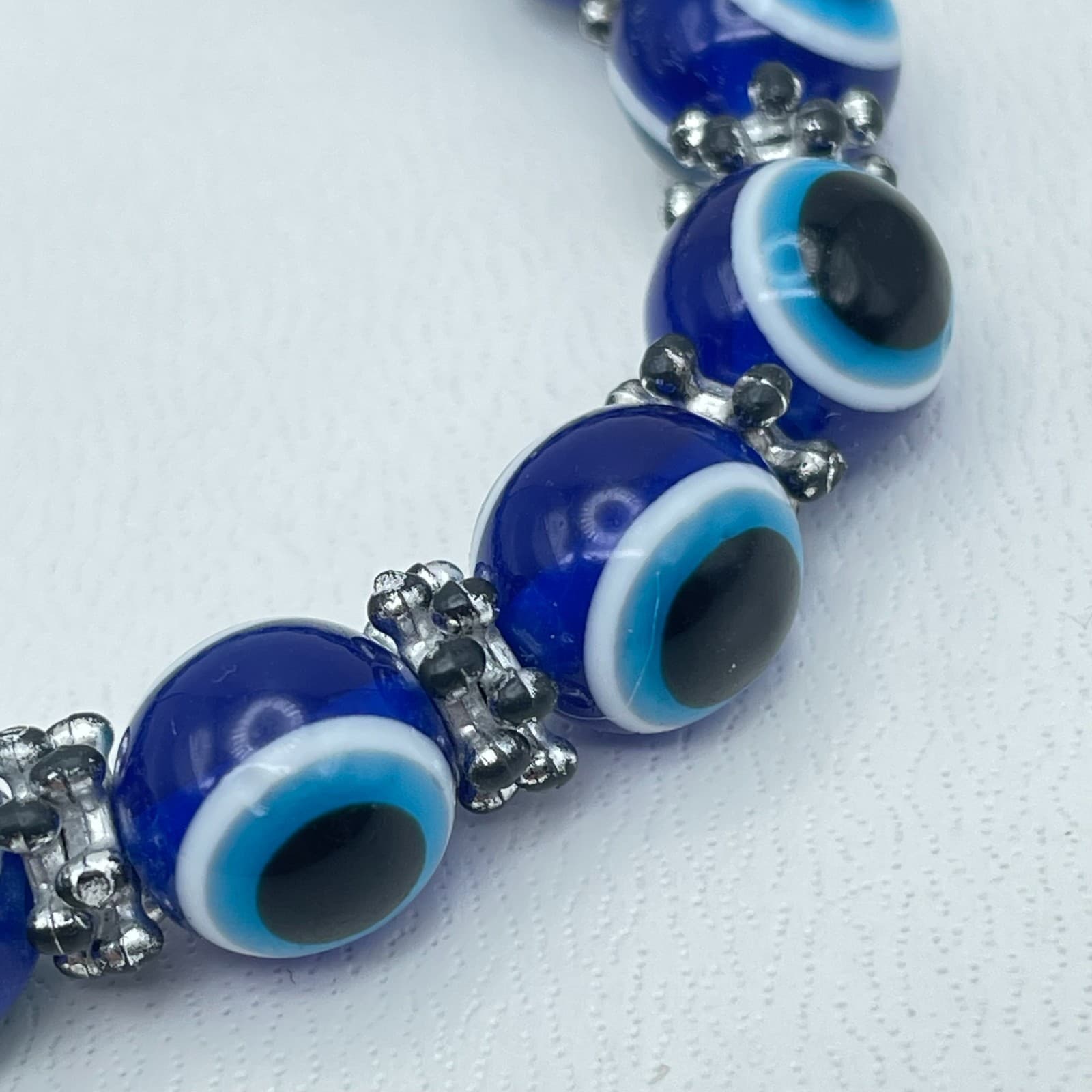 Vintage 90s Silver Tone Blue Evil Eye Beaded Hama Bracelet Women's Jewelry - Thumbnail 5