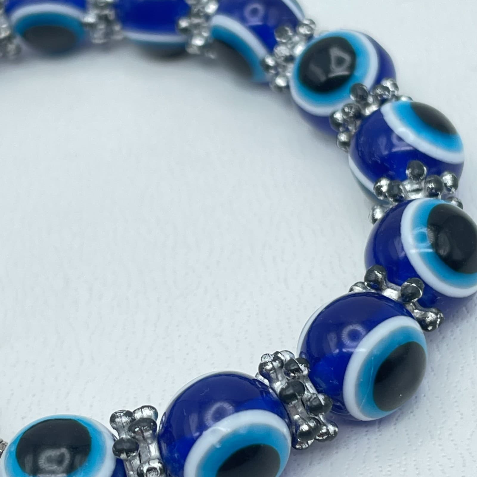 Vintage 90s Silver Tone Blue Evil Eye Beaded Hama Bracelet Women's Jewelry - Thumbnail 4