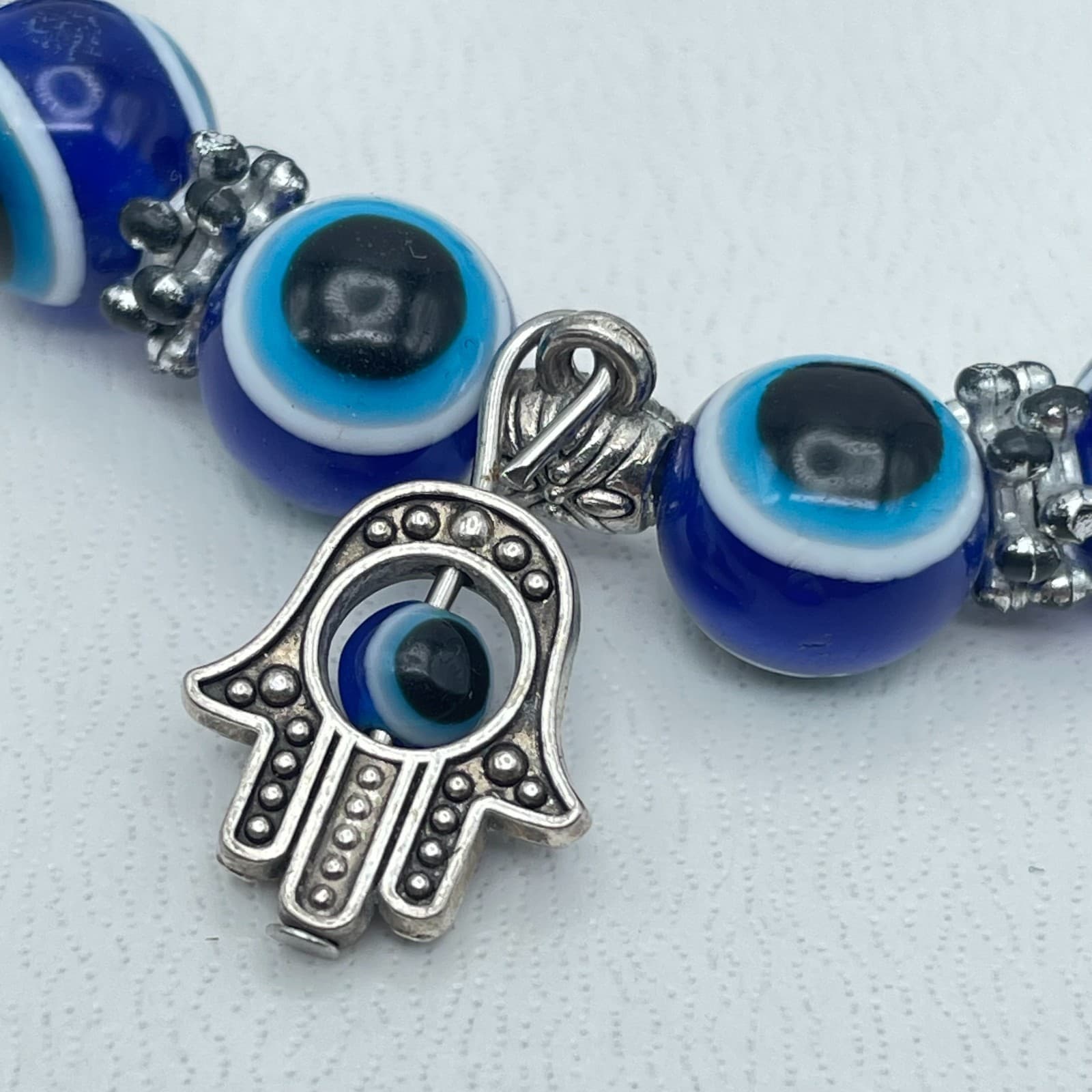 Vintage 90s Silver Tone Blue Evil Eye Beaded Hama Bracelet Women's Jewelry - Thumbnail 3