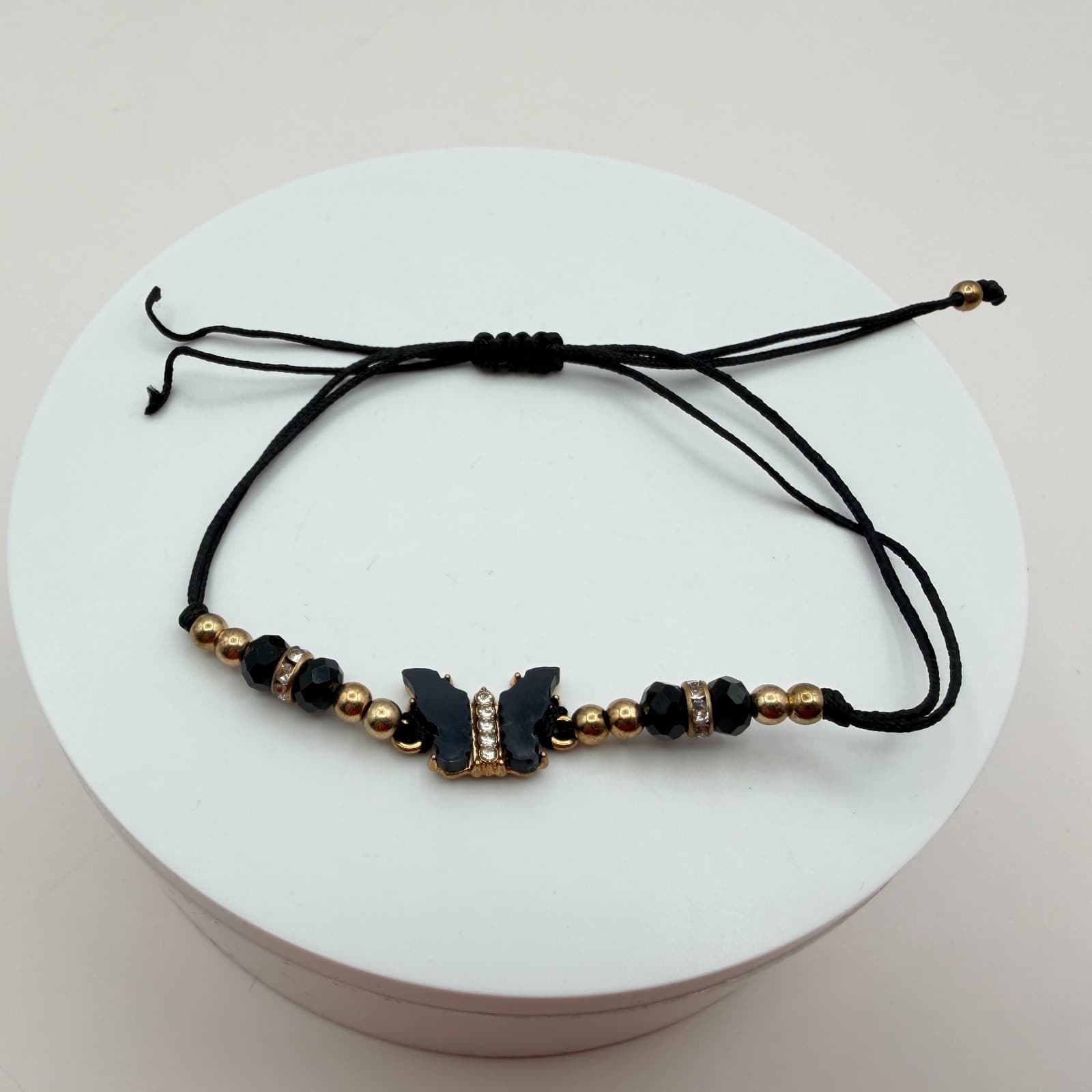 Vintage 90s Gold Tone Butterfly Black Glass Beaded Cord Bracelet Boho Jewelry - Image 1