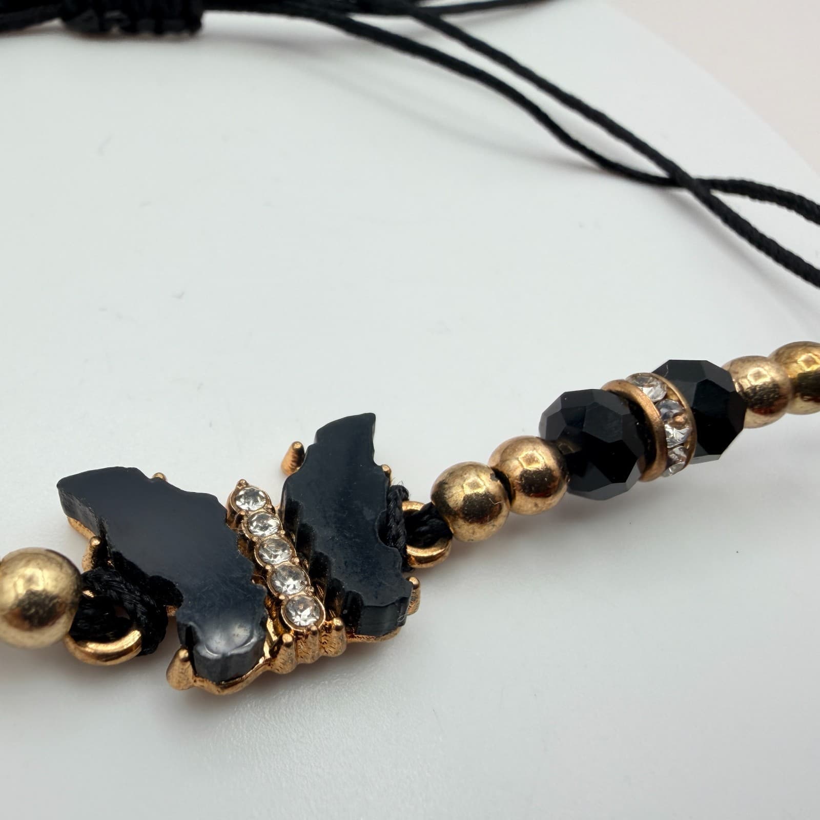 Vintage 90s Gold Tone Butterfly Black Glass Beaded Cord Bracelet Boho Jewelry - Thumbnail 2