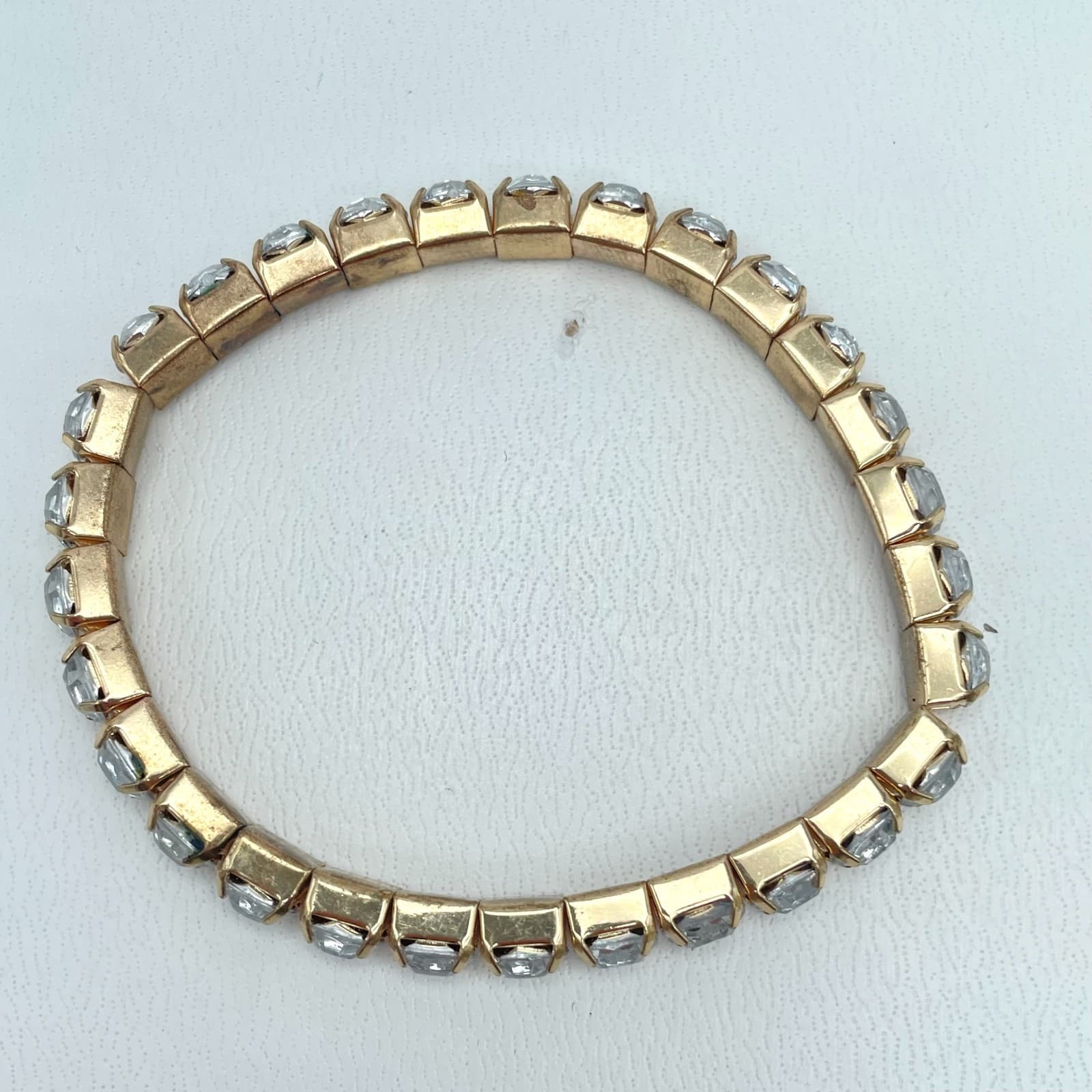 Vintage 90s Gold Tone Clear Rhinestone Stretchy Tennis Bracelet Jewelry - Thumbnail 2