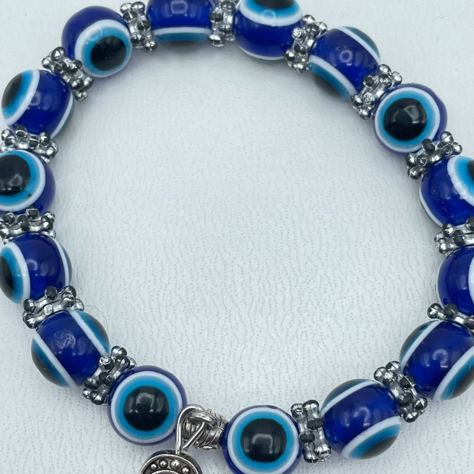 Vintage 90s Silver Tone Blue Evil Eye Beaded Hama Bracelet Women's Jewelry - Thumbnail 2