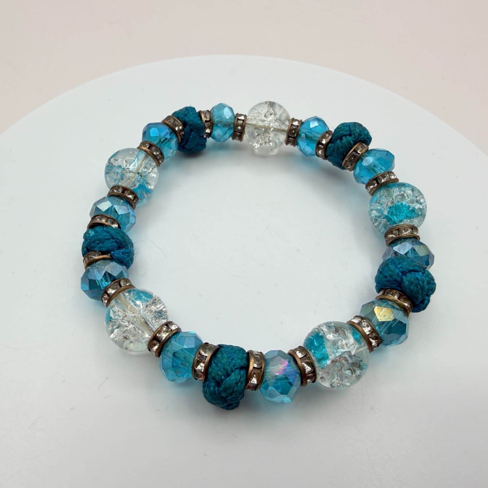 Vintage Y2K Knotted Blue Beaded Clear Rhinestone Bracelet Boho Women's Jewelry - Thumbnail 3