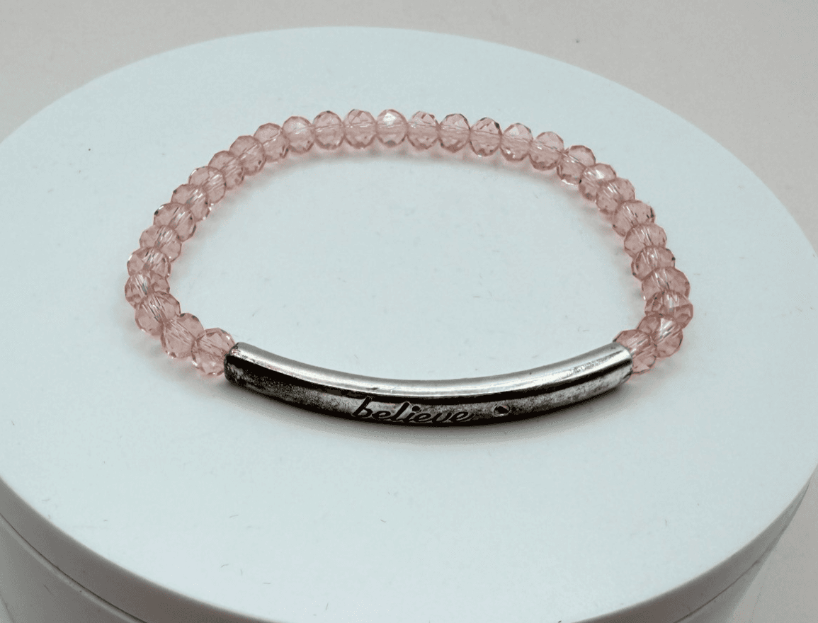 Vintage Y2K Believe Silver Tone Pink Beaded Stretch Bracelet Women's Jewelry - Thumbnail 2