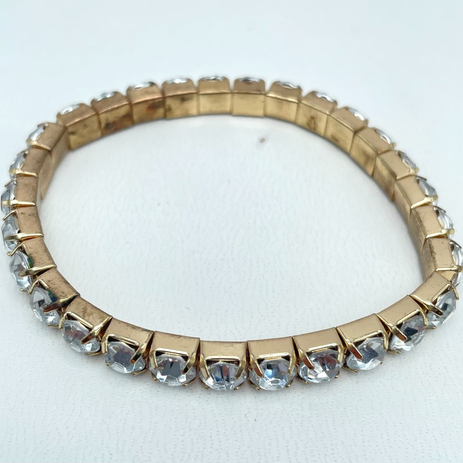 Vintage 90s Gold Tone Clear Rhinestone Stretchy Tennis Bracelet Jewelry - Image 1