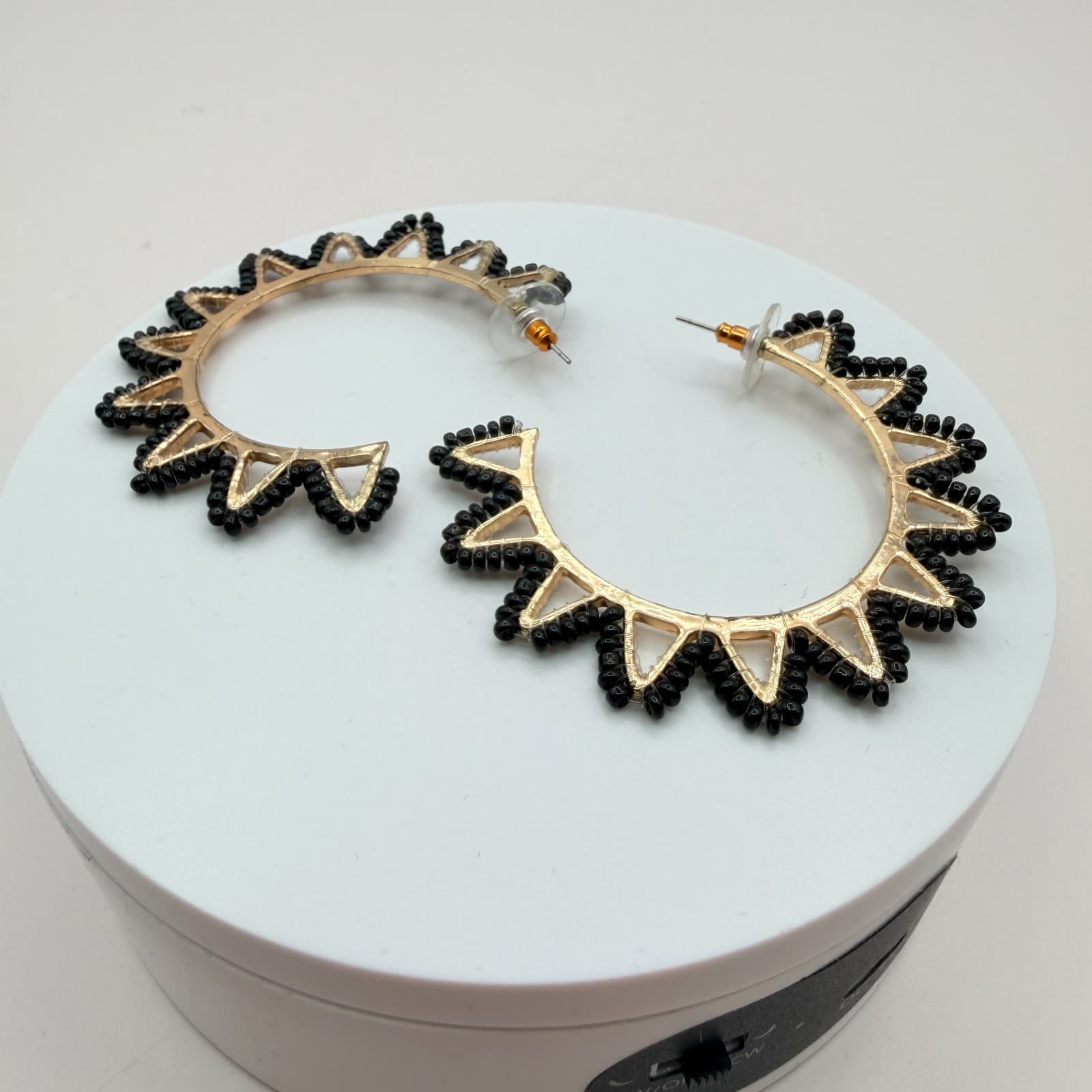 Vintage Y2K Gold Tone Black Beaded Hoop Sunburst Spike Earrings Women's Jewelry - Thumbnail 7