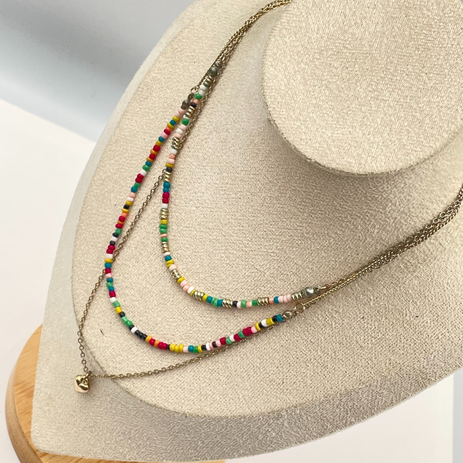 Vintage Boho Multi-Strand Layered Necklace Gold Tone Seed Bead Heart Pendant - Thumbnail 7