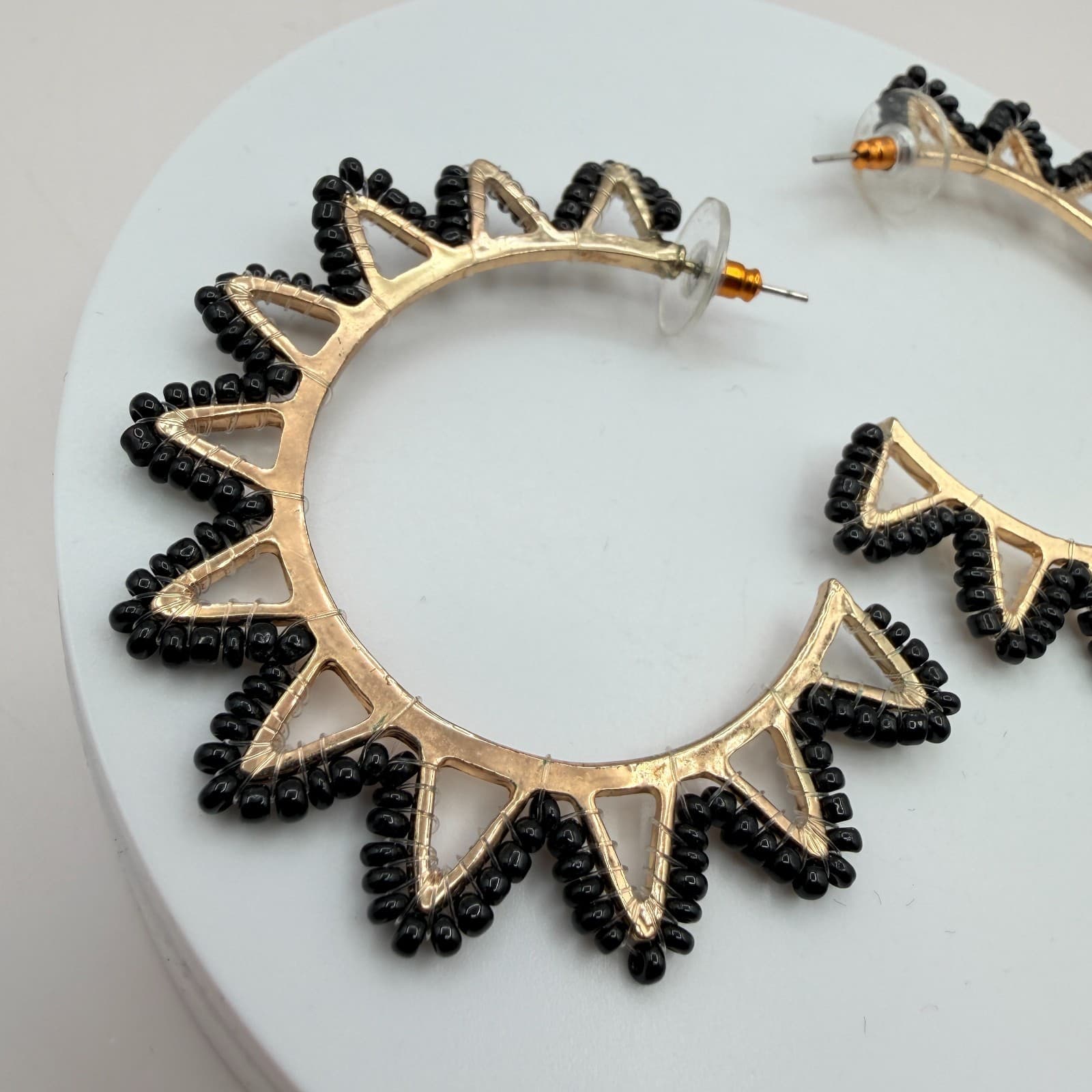 Vintage Y2K Gold Tone Black Beaded Hoop Sunburst Spike Earrings Women's Jewelry - Thumbnail 4