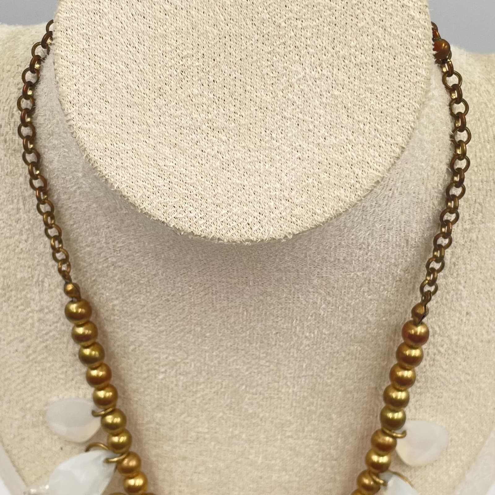 Vintage Boho White Milk Glass Teardrop Bib Necklace Antique Brass Tone Statement - Thumbnail 2