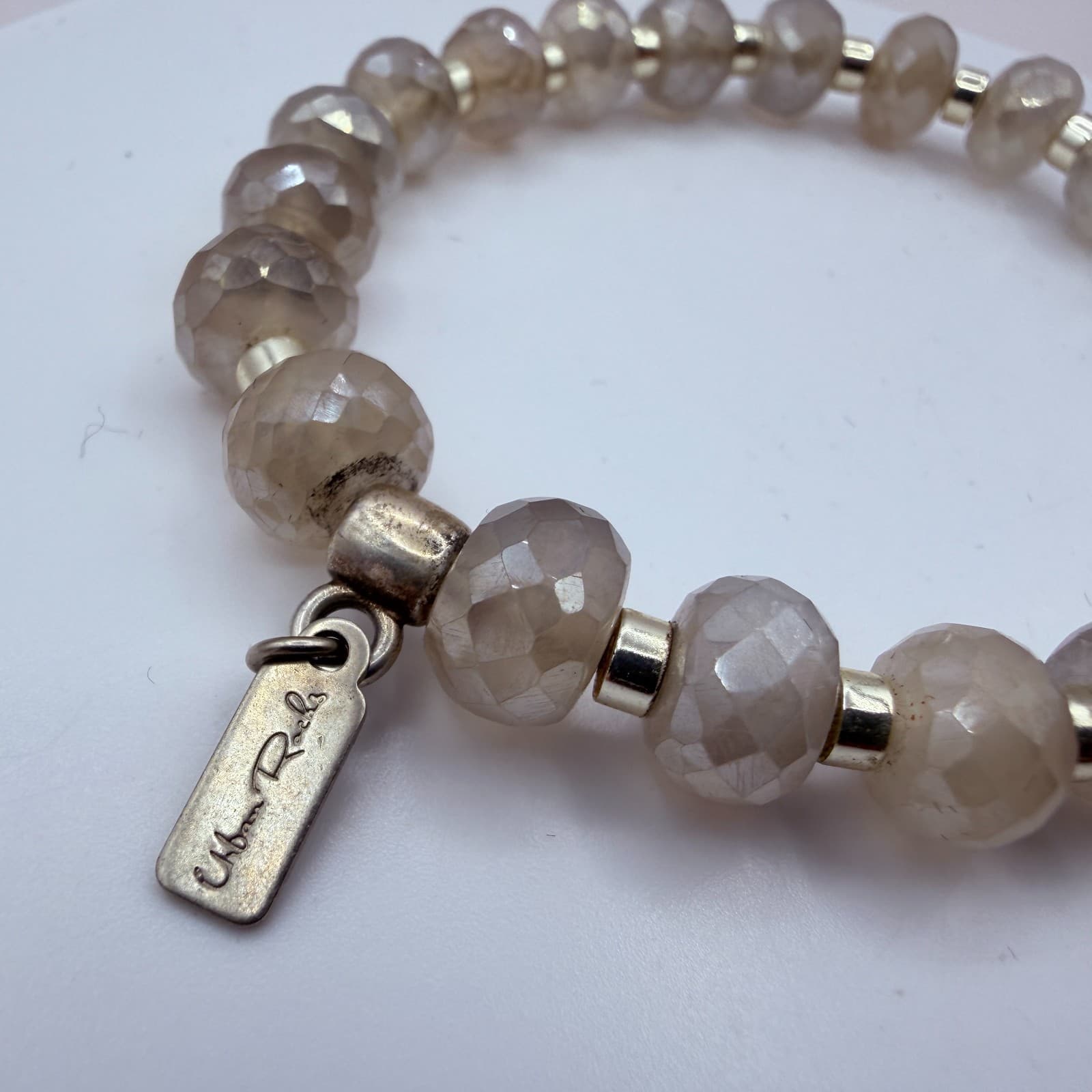 Vintage 90s Urban Rocks Silver Tone Faceted Beaded Stretch Bracelet Boho Jewelry - Thumbnail 4