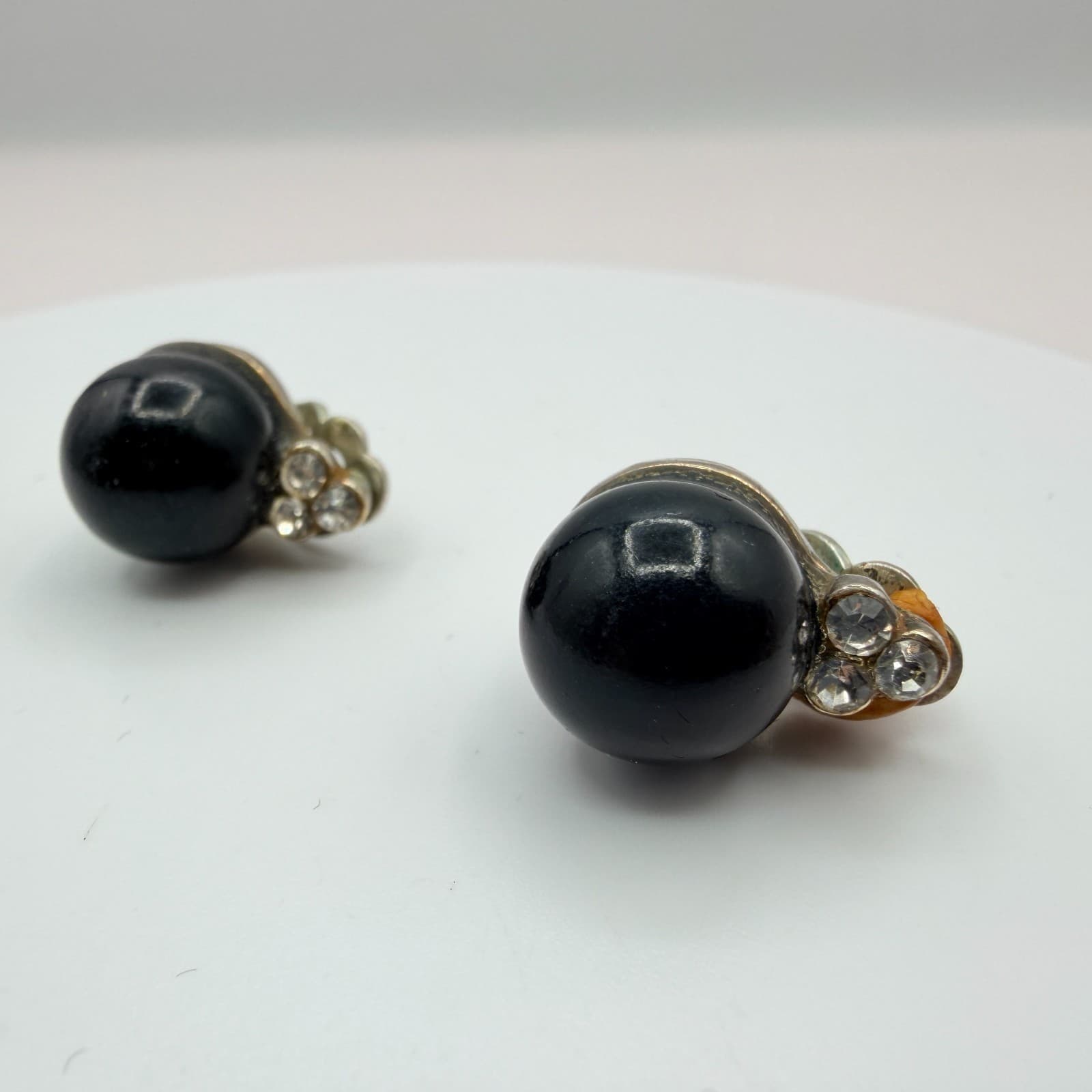 Vintage Y2K Silver Tone Black Orb Rhinestone Earrings Women's Classic Jewelry - Thumbnail 5