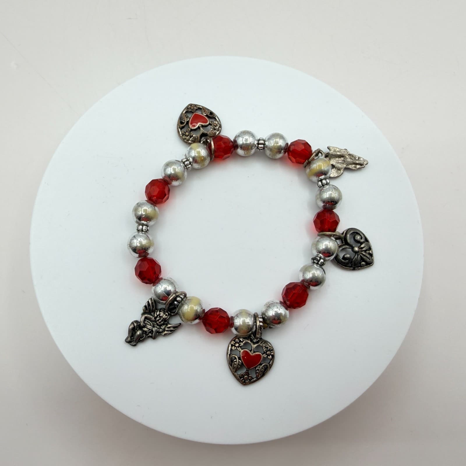 Vintage Y2K Silver Tone Heart Angel Charm Red Beaded Bracelet Women's Jewelry - Thumbnail 2