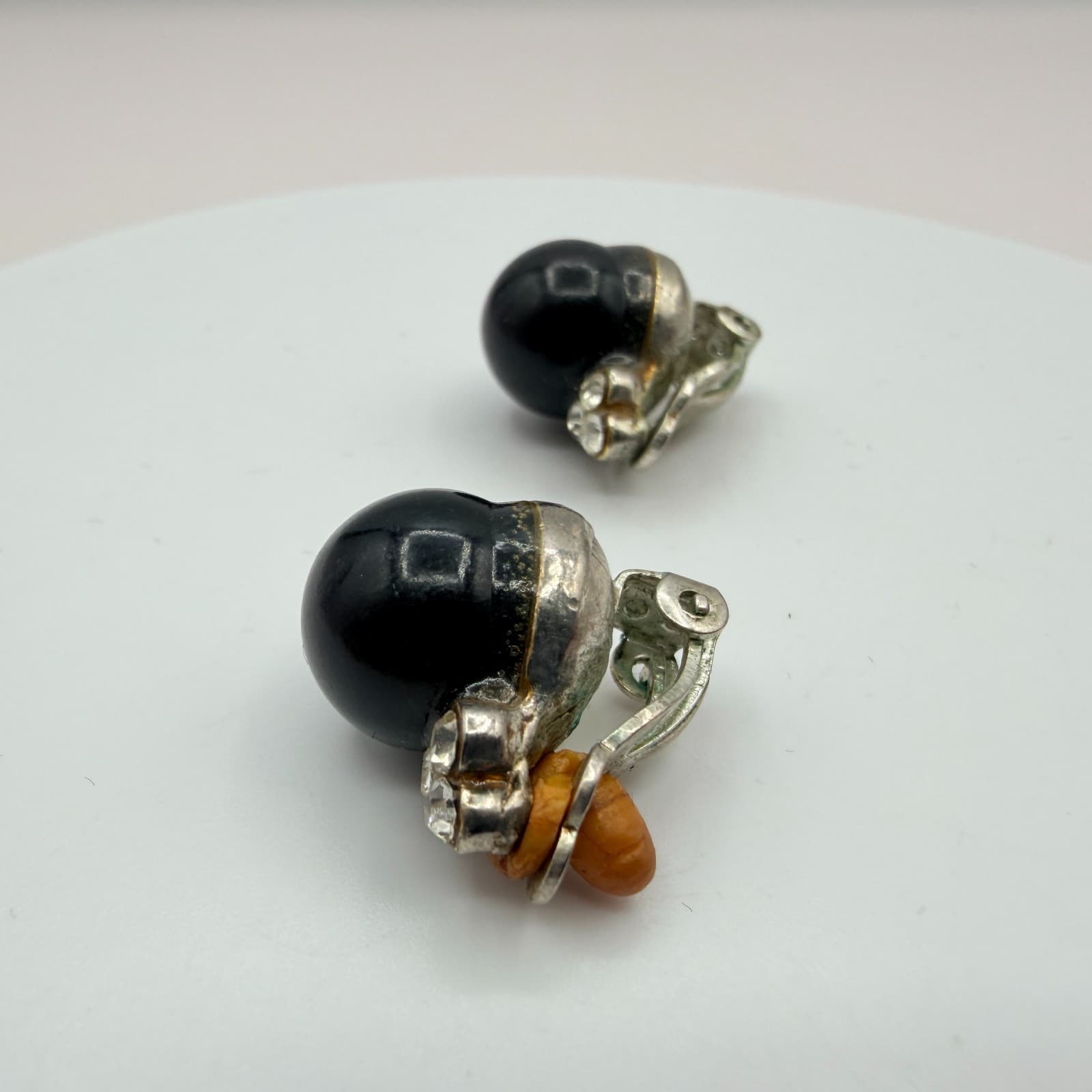 Vintage Y2K Silver Tone Black Orb Rhinestone Earrings Women's Classic Jewelry - Thumbnail 6