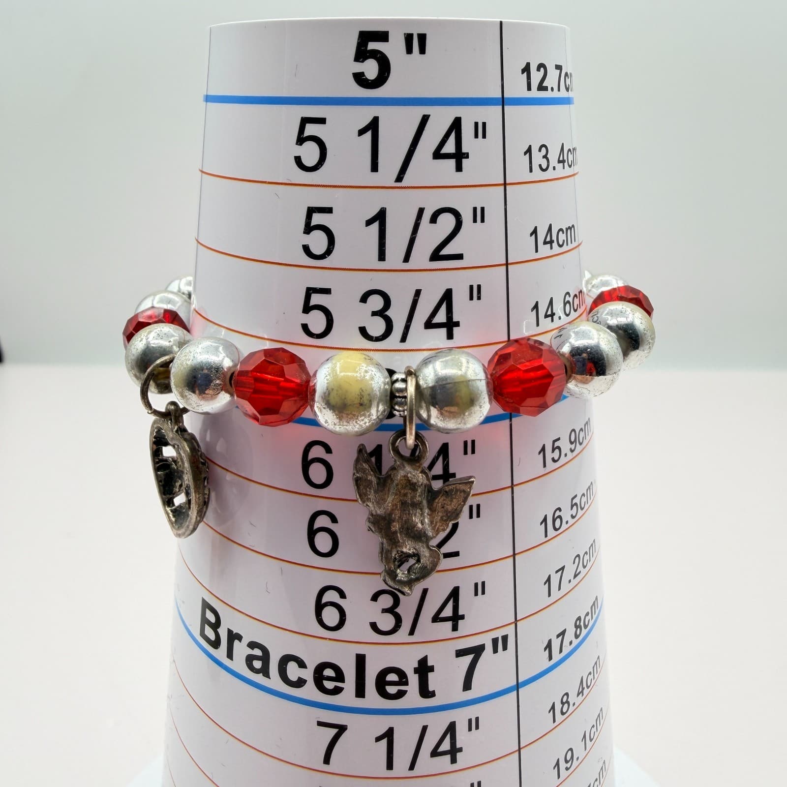 Vintage Y2K Silver Tone Heart Angel Charm Red Beaded Bracelet Women's Jewelry - Thumbnail 8