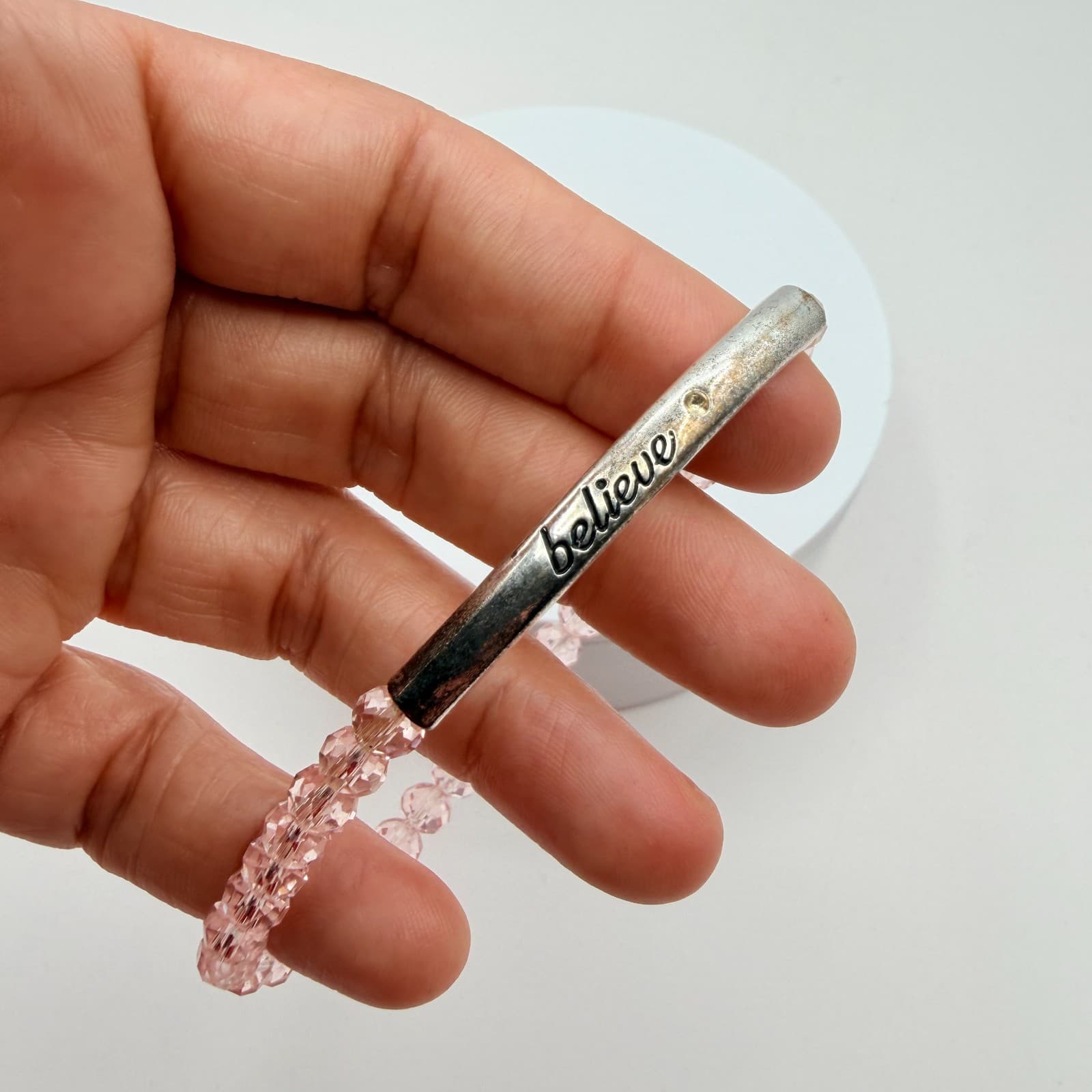 Vintage Y2K Believe Silver Tone Pink Beaded Stretch Bracelet Women's Jewelry - Thumbnail 7