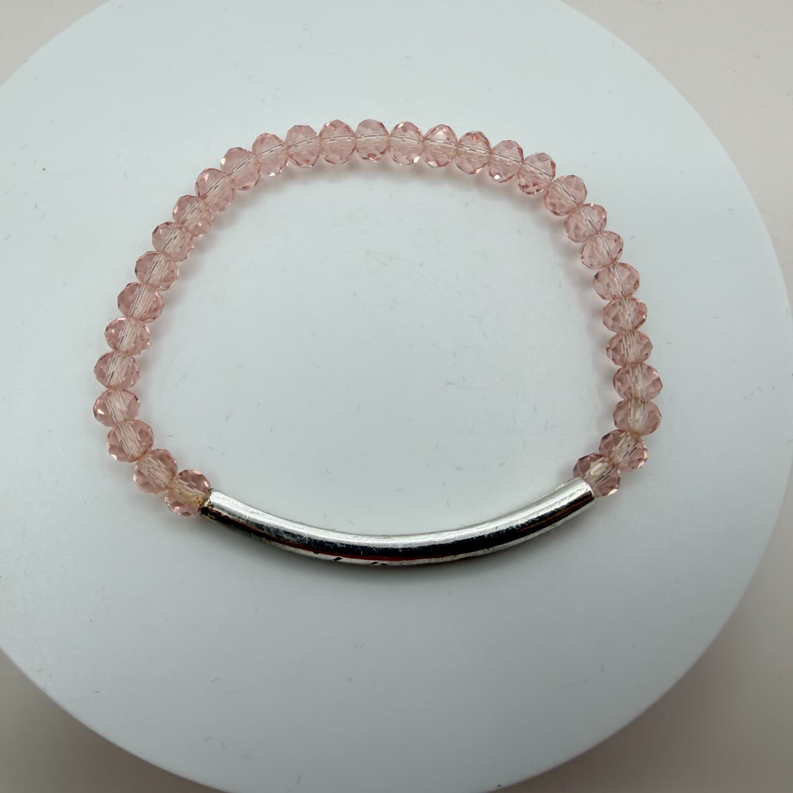 Vintage Y2K Believe Silver Tone Pink Beaded Stretch Bracelet Women's Jewelry - Thumbnail 5