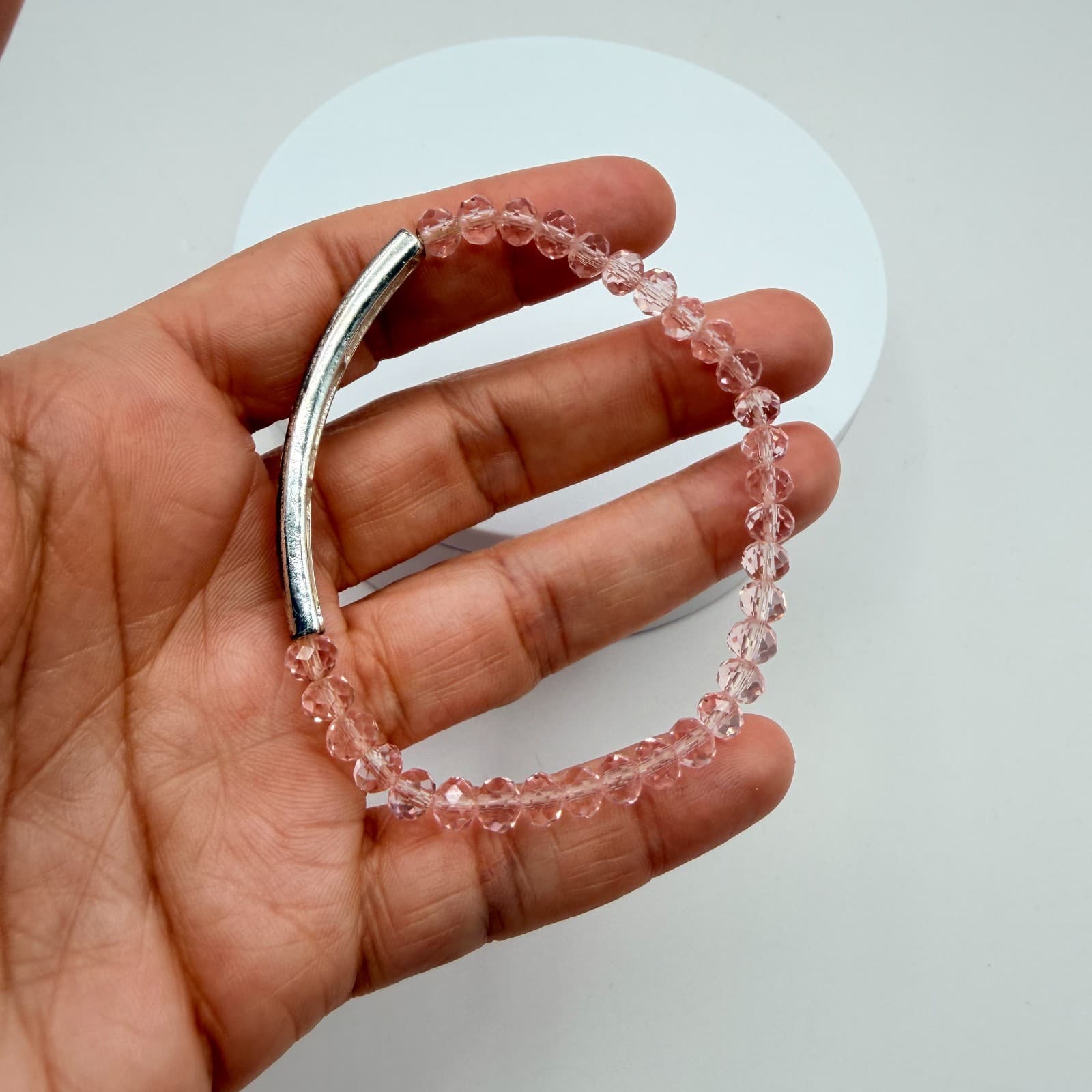 Vintage Y2K Believe Silver Tone Pink Beaded Stretch Bracelet Women's Jewelry - Thumbnail 8