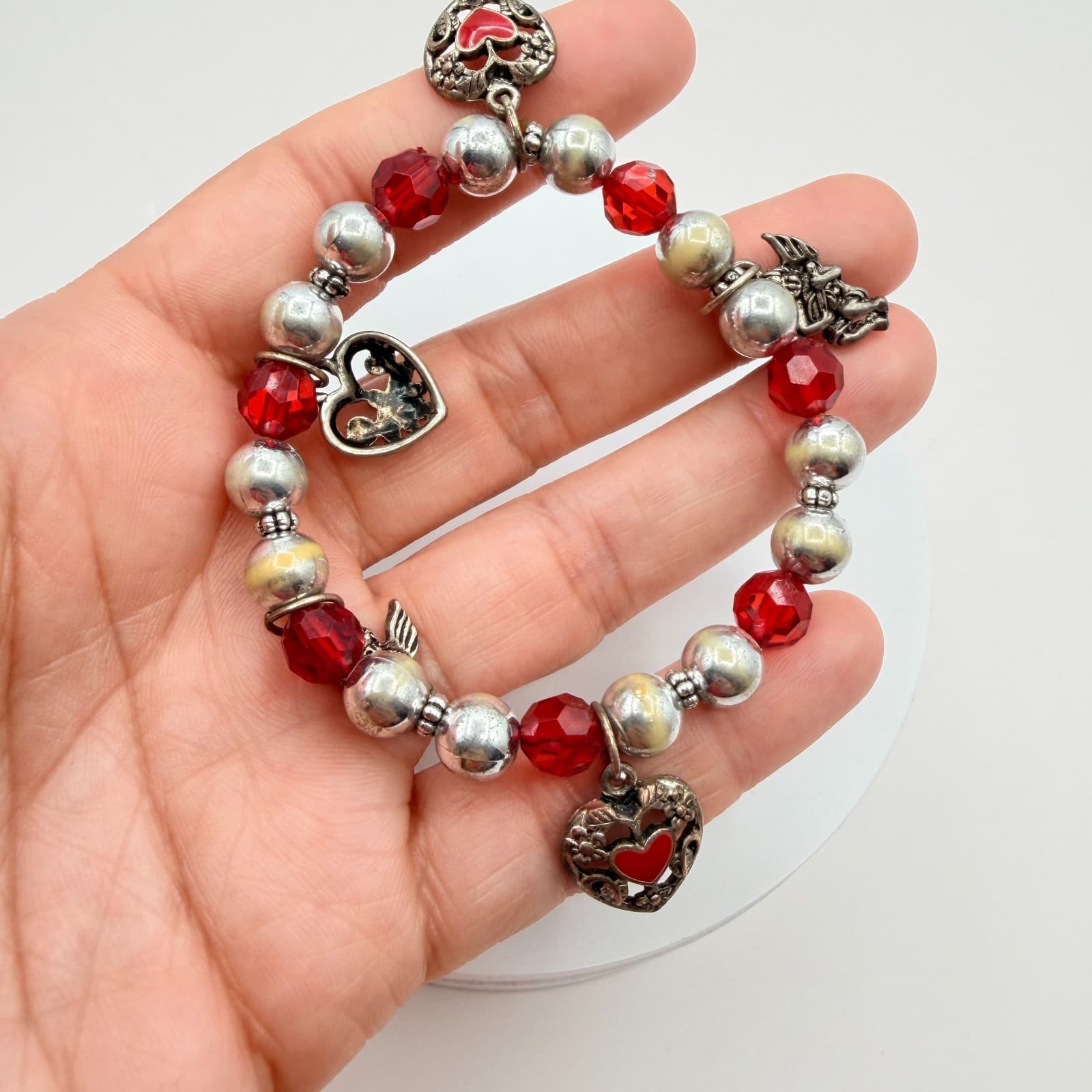 Vintage Y2K Silver Tone Heart Angel Charm Red Beaded Bracelet Women's Jewelry - Thumbnail 7