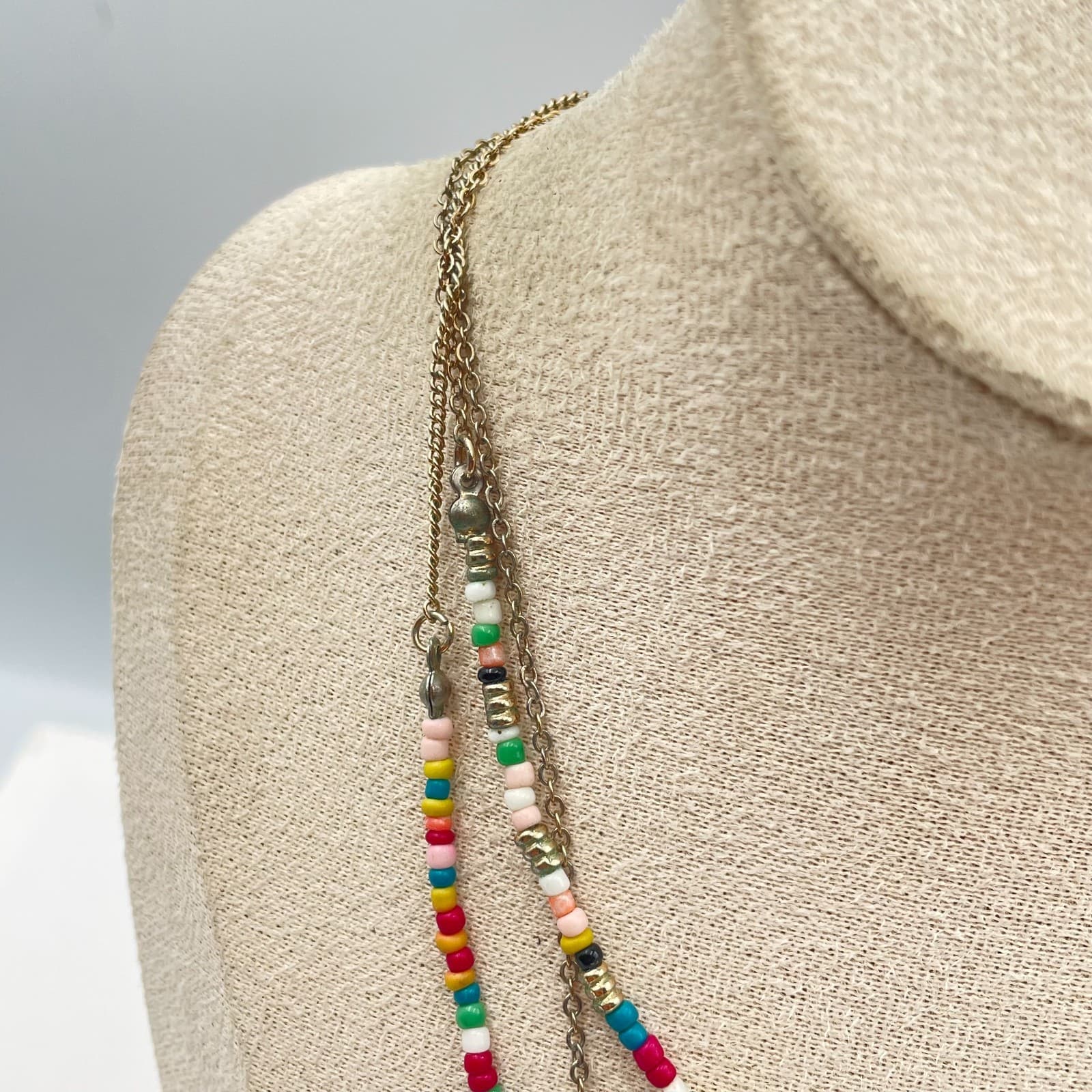 Vintage Boho Multi-Strand Layered Necklace Gold Tone Seed Bead Heart Pendant - Thumbnail 3