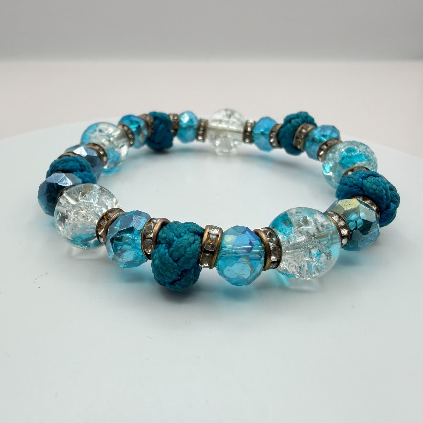 Vintage Y2K Knotted Blue Beaded Clear Rhinestone Bracelet Boho Women's Jewelry - Thumbnail 4