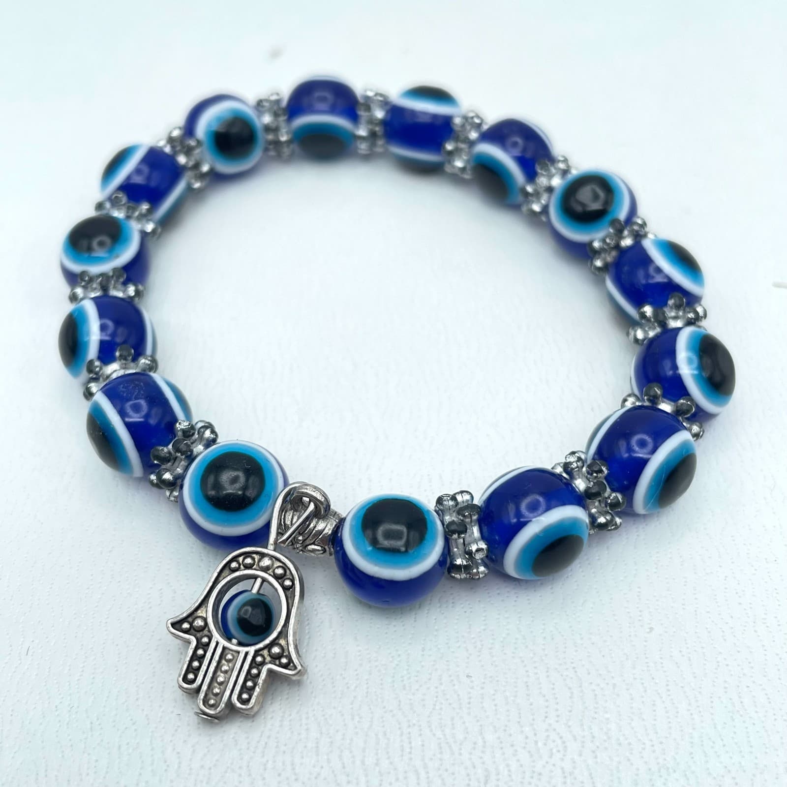 Vintage 90s Silver Tone Blue Evil Eye Beaded Hama Bracelet Women's Jewelry - Image 1
