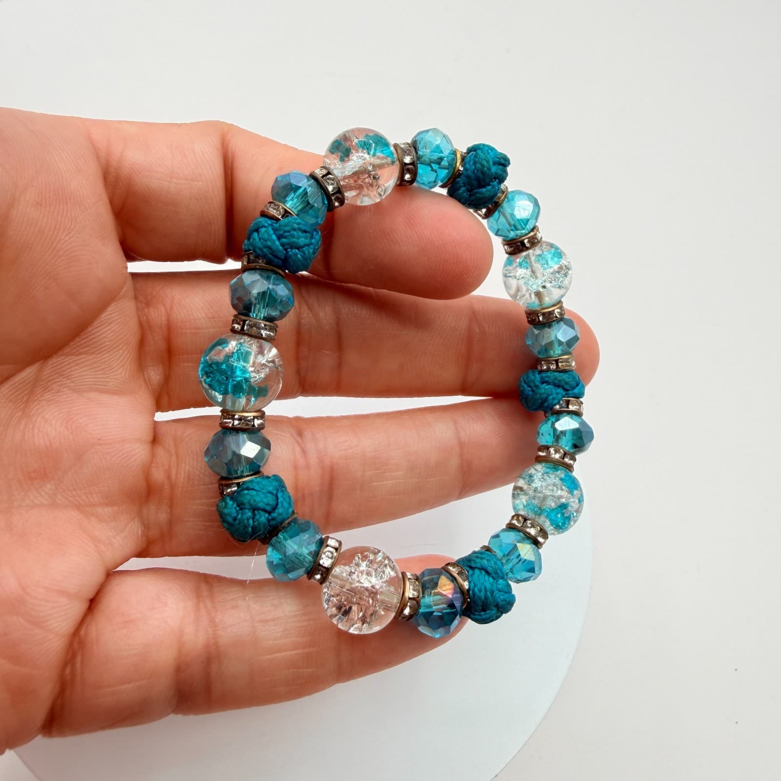 Vintage Y2K Knotted Blue Beaded Clear Rhinestone Bracelet Boho Women's Jewelry - Thumbnail 7