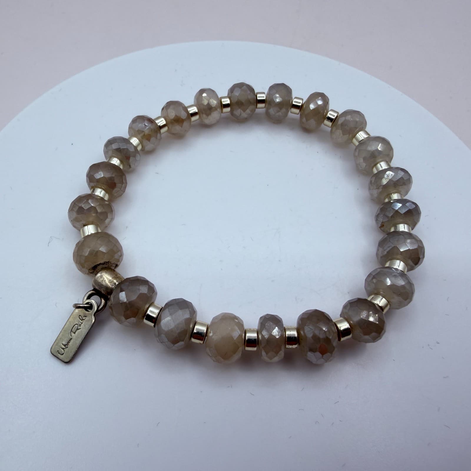 Vintage 90s Urban Rocks Silver Tone Faceted Beaded Stretch Bracelet Boho Jewelry - Thumbnail 6