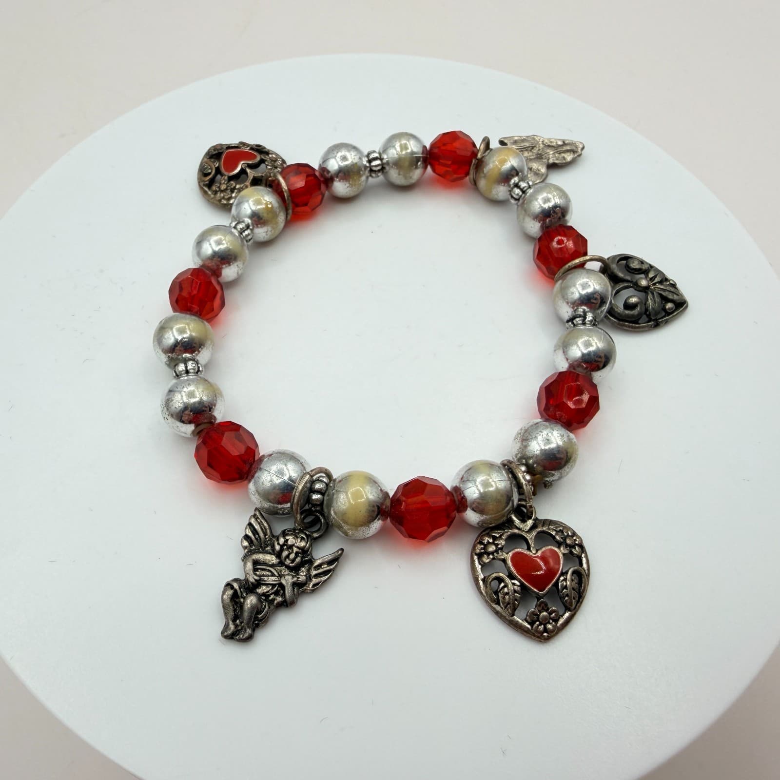 Vintage Y2K Silver Tone Heart Angel Charm Red Beaded Bracelet Women's Jewelry - Thumbnail 5
