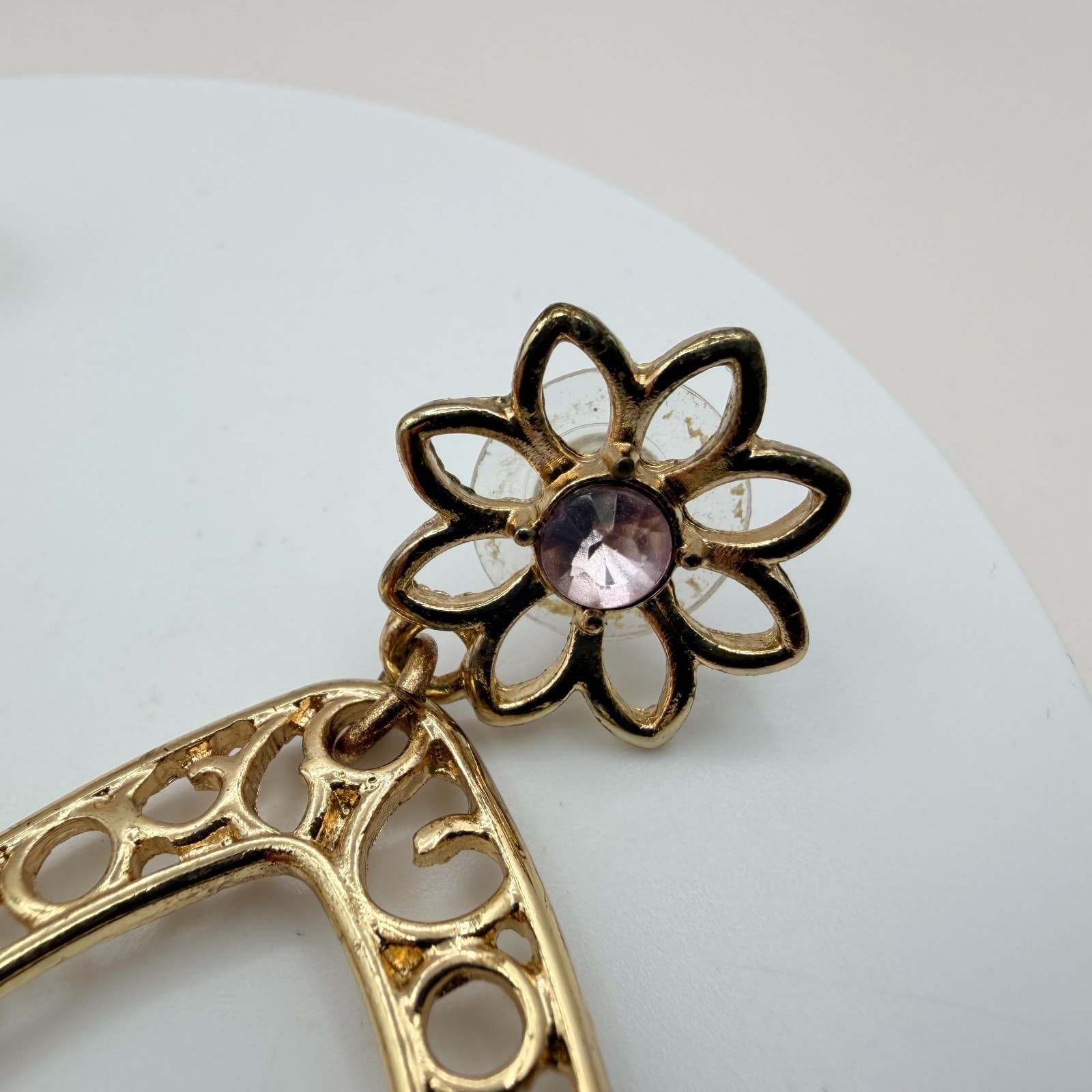 Vintage 90s Gold Tone Floral Drop Earrings Glass Resin Rose Fashion Jewelry - Thumbnail 6