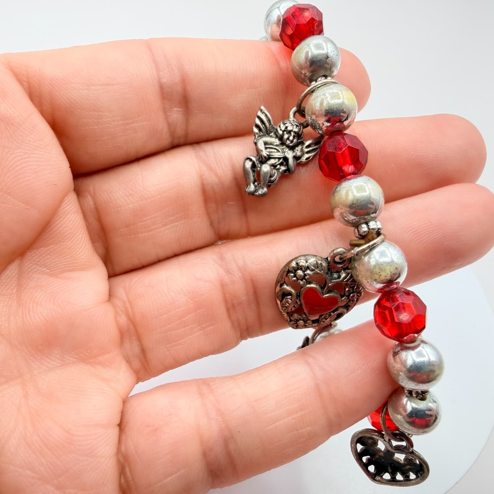 Vintage Y2K Silver Tone Heart Angel Charm Red Beaded Bracelet Women's Jewelry - Thumbnail 6