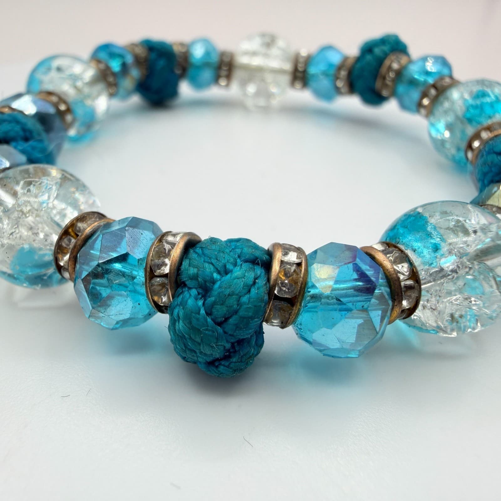 Vintage Y2K Knotted Blue Beaded Clear Rhinestone Bracelet Boho Women's Jewelry - Thumbnail 5