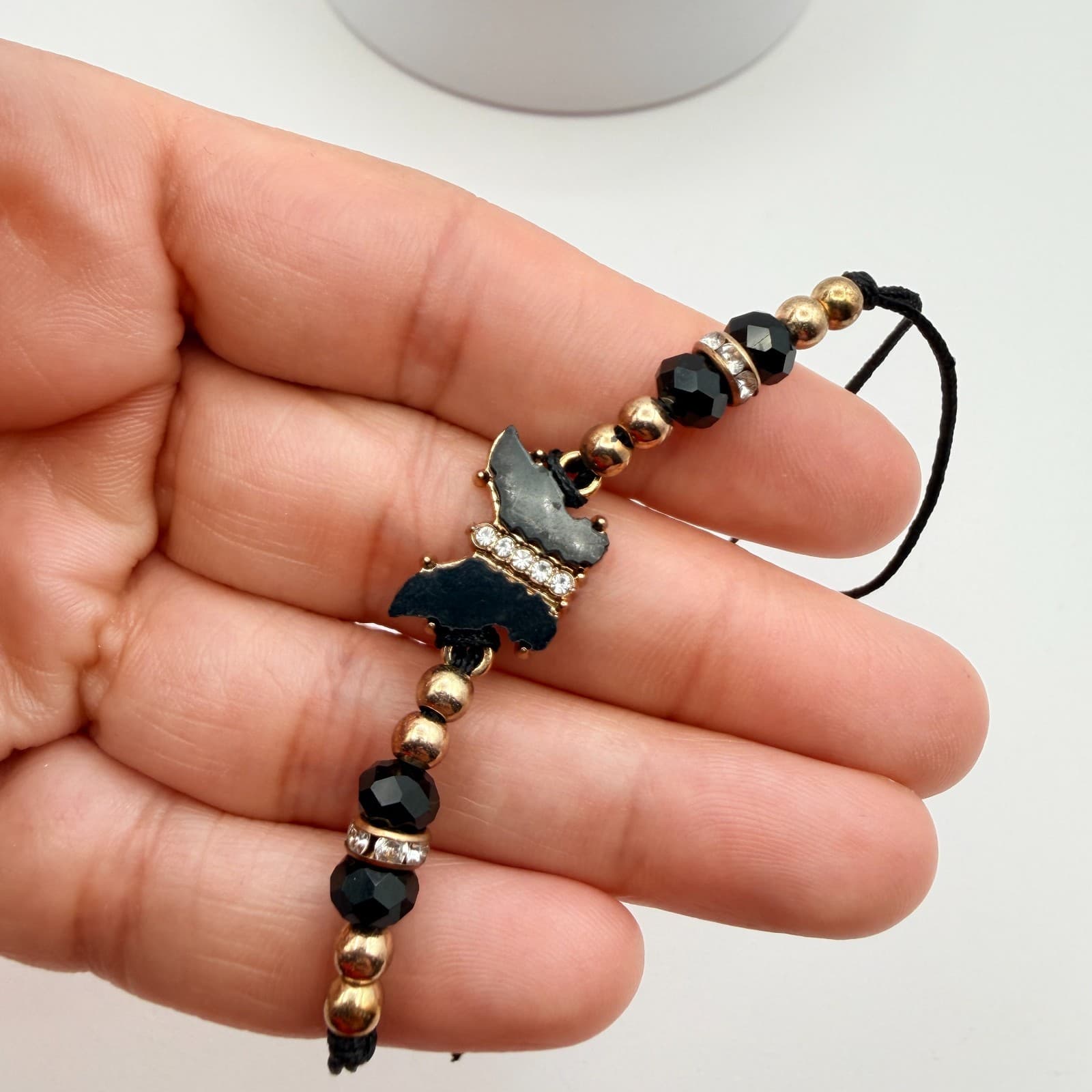 Vintage 90s Gold Tone Butterfly Black Glass Beaded Cord Bracelet Boho Jewelry - Thumbnail 6