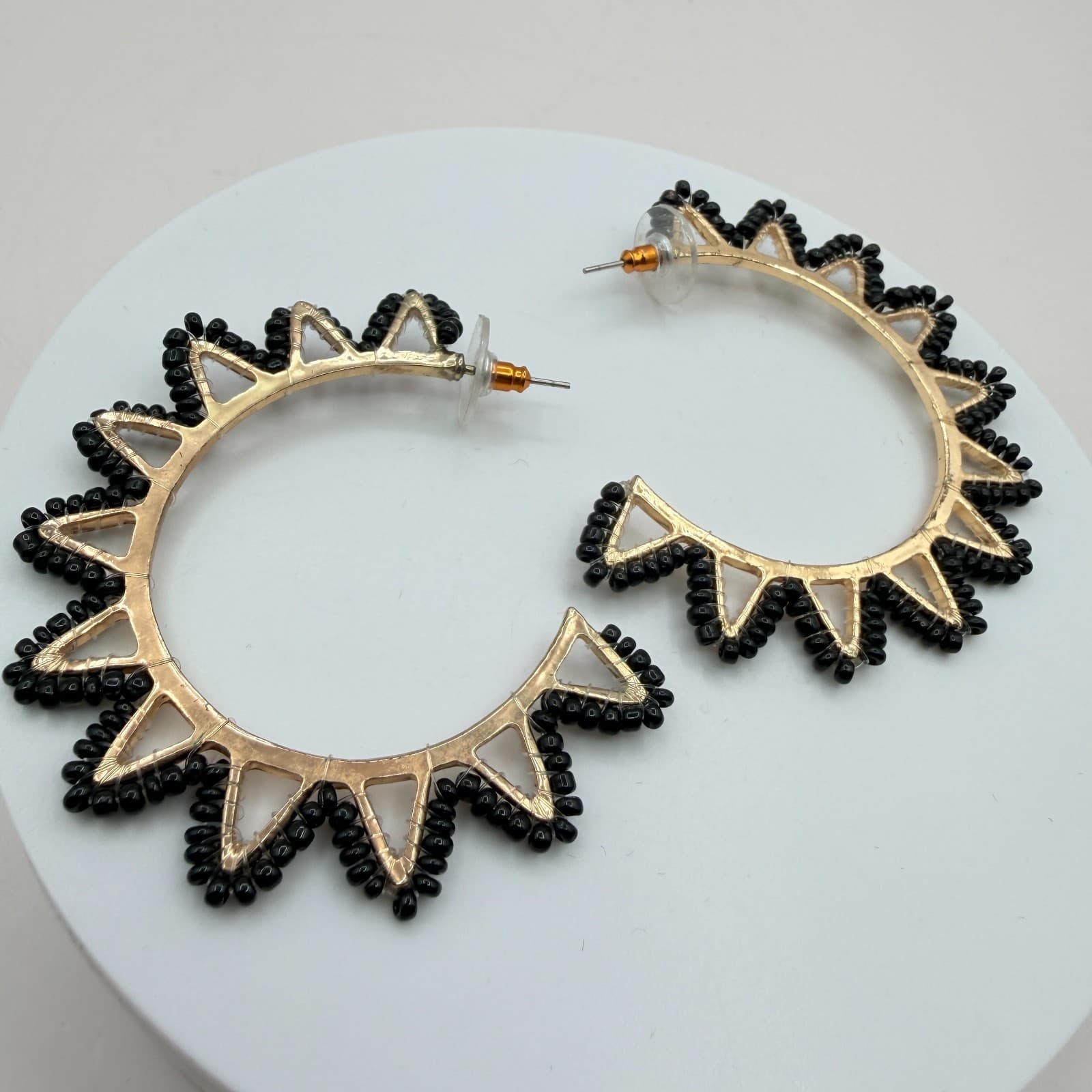Vintage Y2K Gold Tone Black Beaded Hoop Sunburst Spike Earrings Women's Jewelry - Thumbnail 3