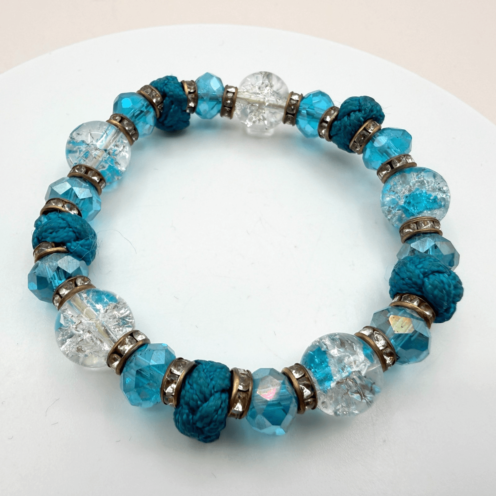 Vintage Y2K Knotted Blue Beaded Clear Rhinestone Bracelet Boho Women's Jewelry - Image 1