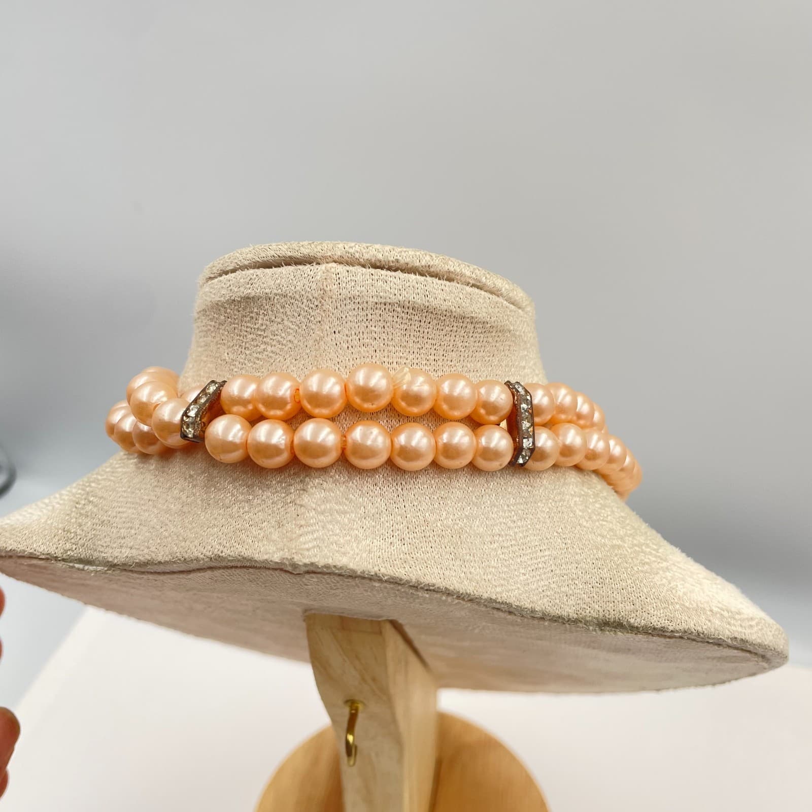 Vintage 2-Row Peach Faux Pearl Choker Necklace Rhinestone Bow Clasp Statement - Thumbnail 5