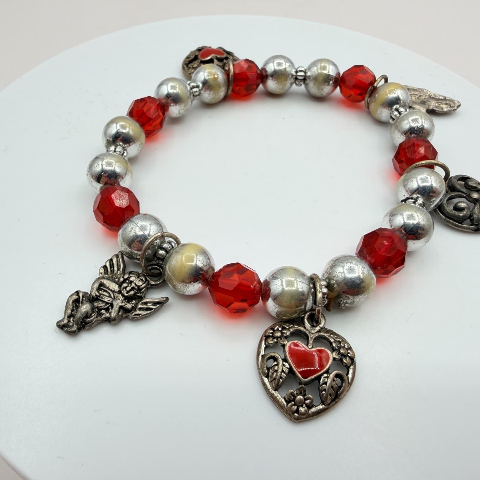 Vintage Y2K Silver Tone Heart Angel Charm Red Beaded Bracelet Women's Jewelry - Thumbnail 3