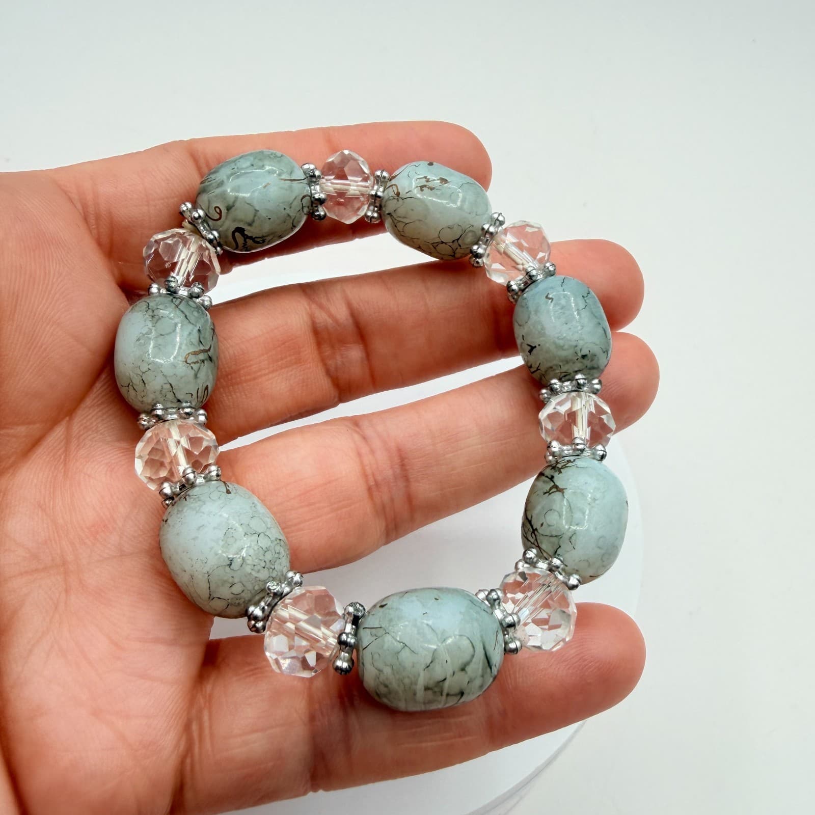 Vintage Y2K Silver Tone Beaded Stretch Bracelet Boho Women's Classic Jewelry - Thumbnail 10