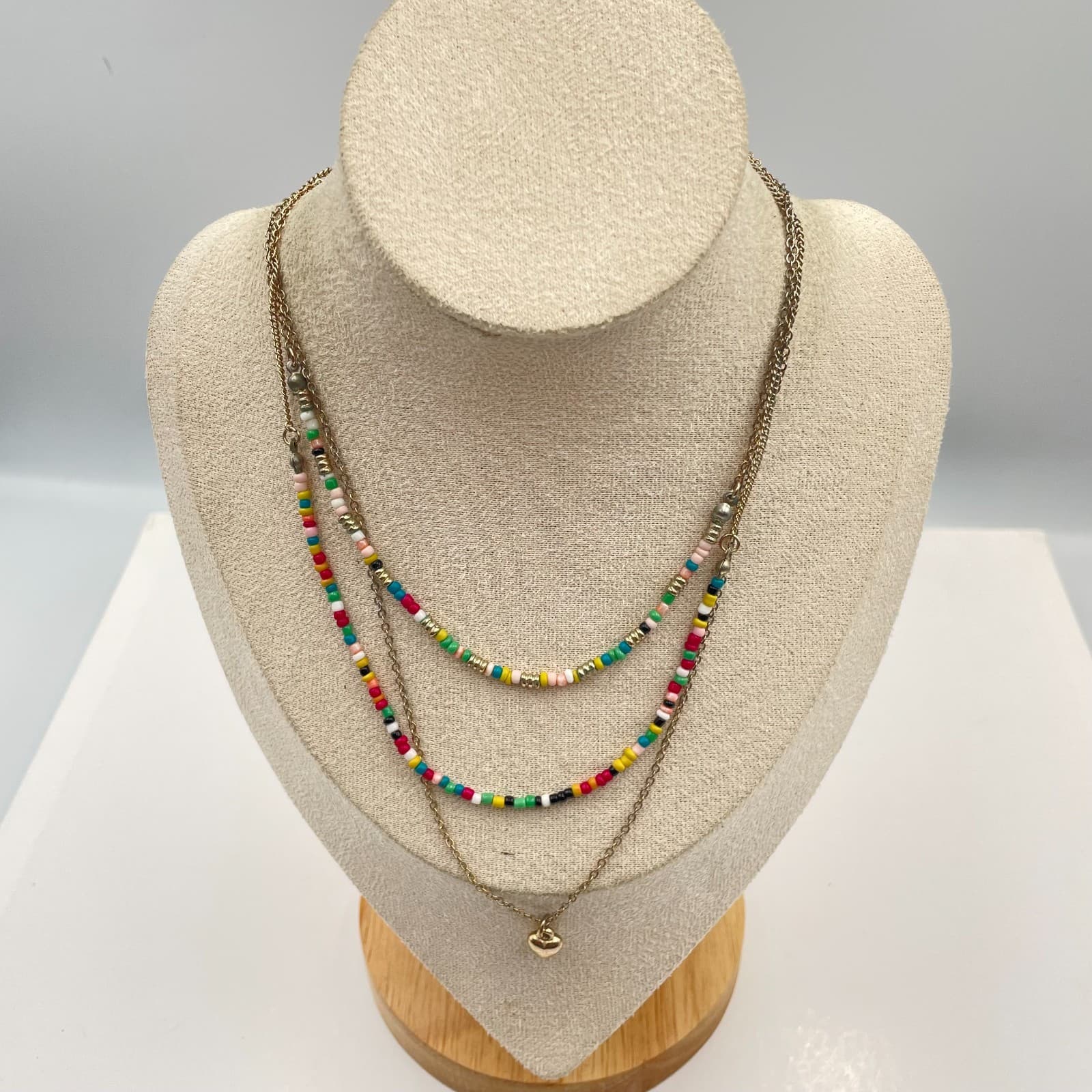 Vintage Boho Multi-Strand Layered Necklace Gold Tone Seed Bead Heart Pendant - Image 1