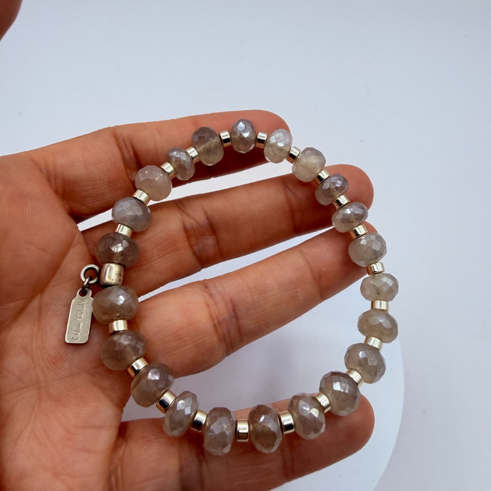 Vintage 90s Urban Rocks Silver Tone Faceted Beaded Stretch Bracelet Boho Jewelry - Thumbnail 9