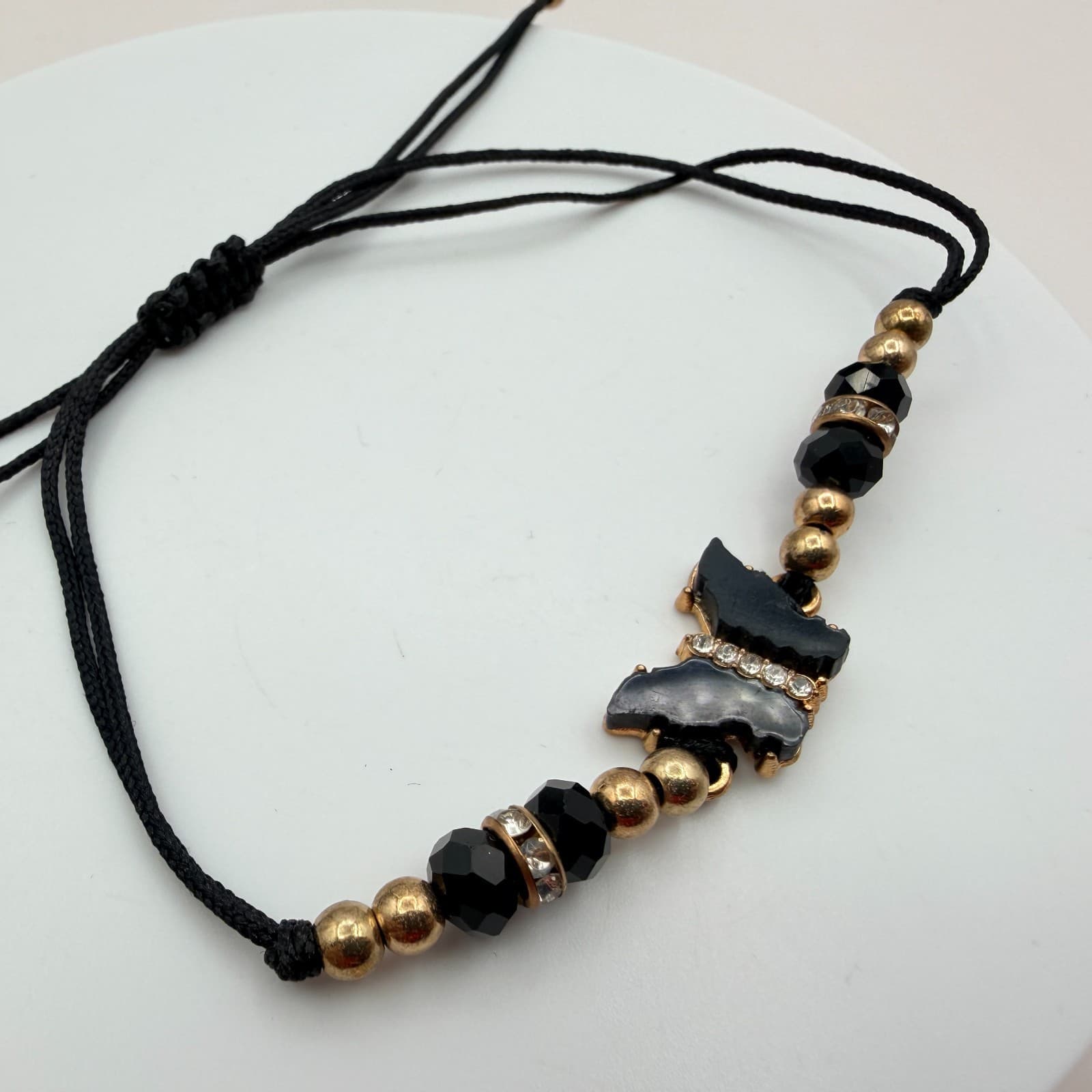 Vintage 90s Gold Tone Butterfly Black Glass Beaded Cord Bracelet Boho Jewelry - Thumbnail 3