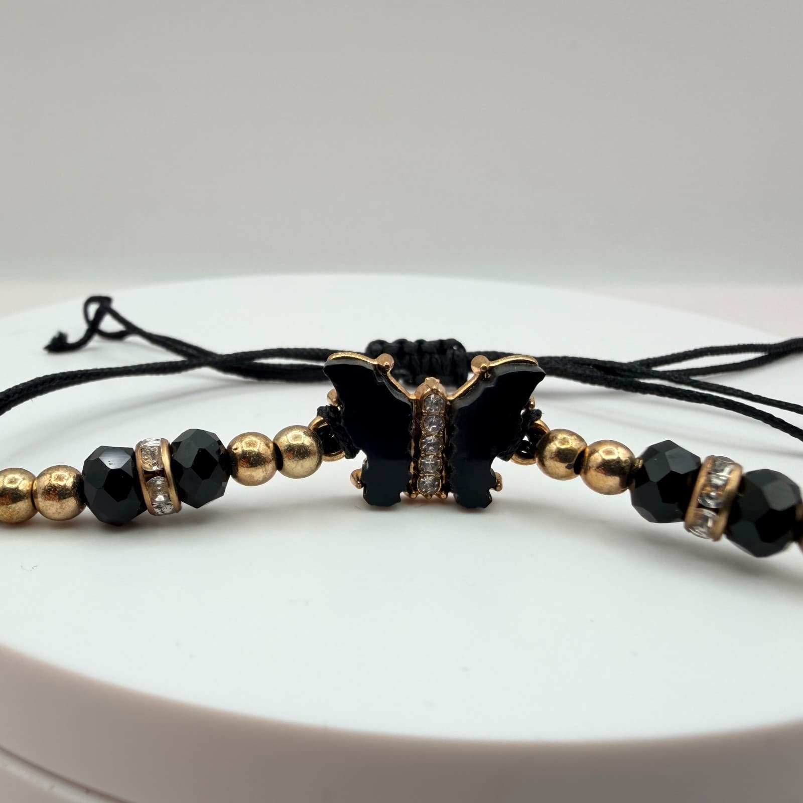 Vintage 90s Gold Tone Butterfly Black Glass Beaded Cord Bracelet Boho Jewelry - Thumbnail 5