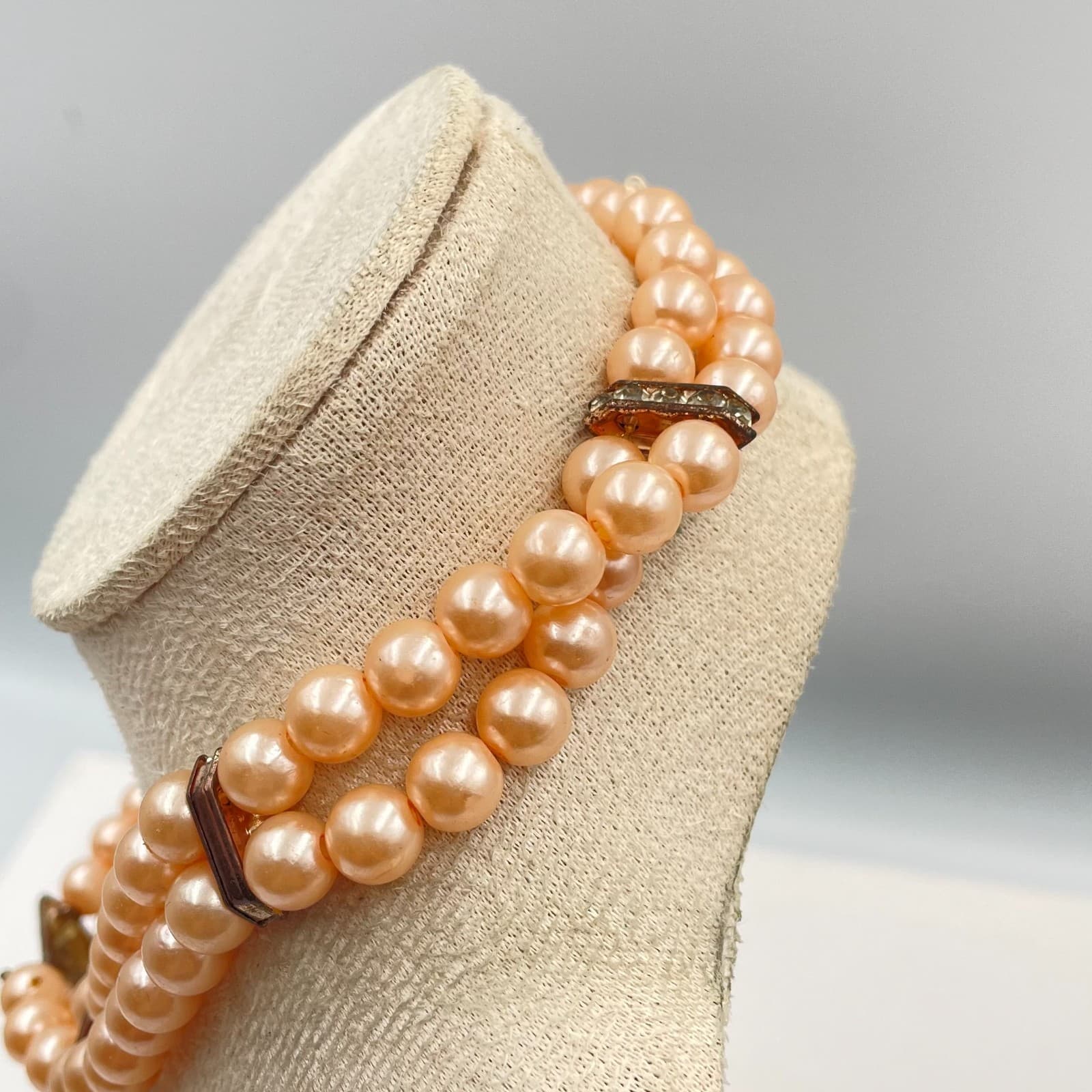 Vintage 2-Row Peach Faux Pearl Choker Necklace Rhinestone Bow Clasp Statement - Thumbnail 4